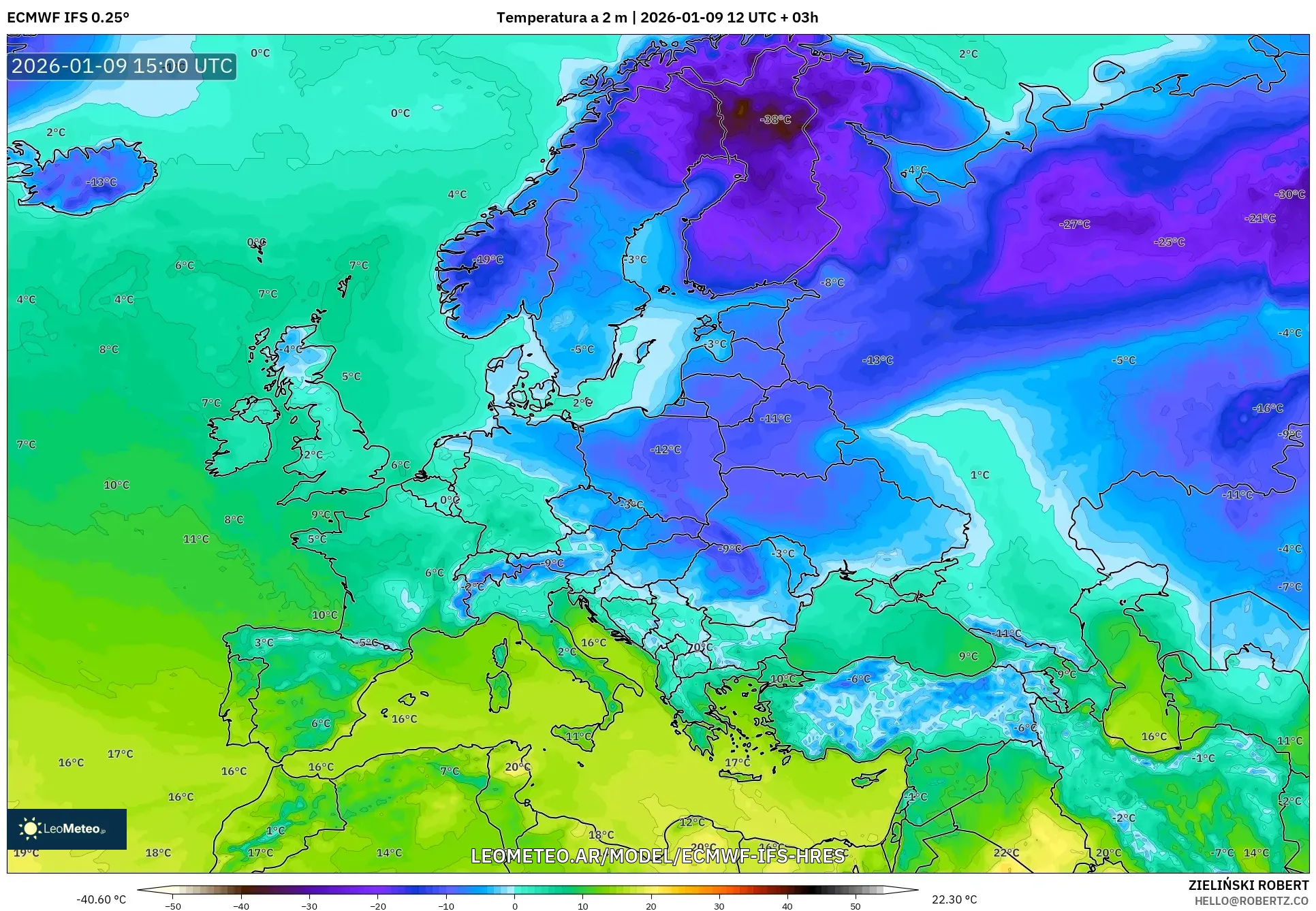 ECMWF IFS 0.25° model - Europa, Temperatura a 2 m