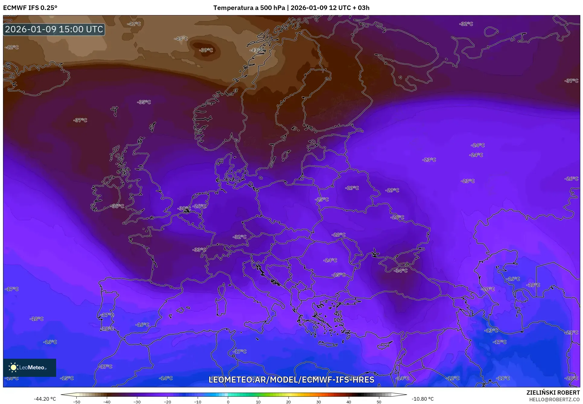 ECMWF IFS 0.25° model - Europa, Temperatura a 500 hPa
