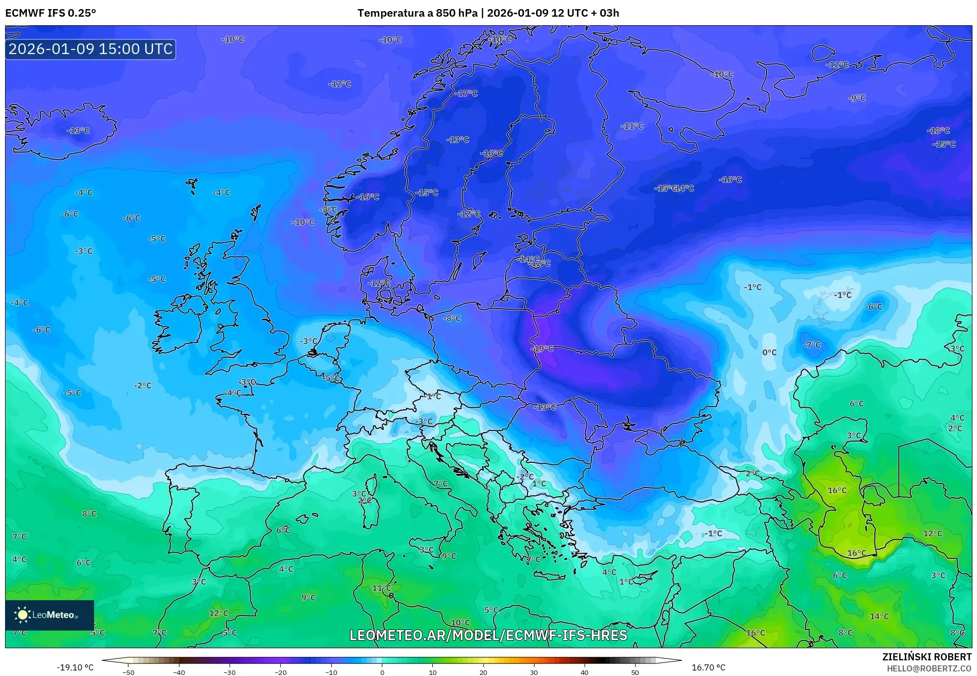 ECMWF IFS 0.25° model - Europa, Temperatura a 850 hPa