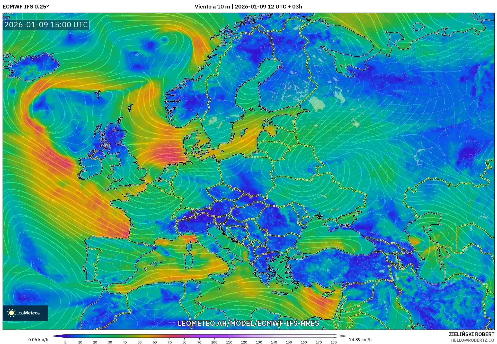 ECMWF IFS 0.25° model - Europa, Viento a 10 m