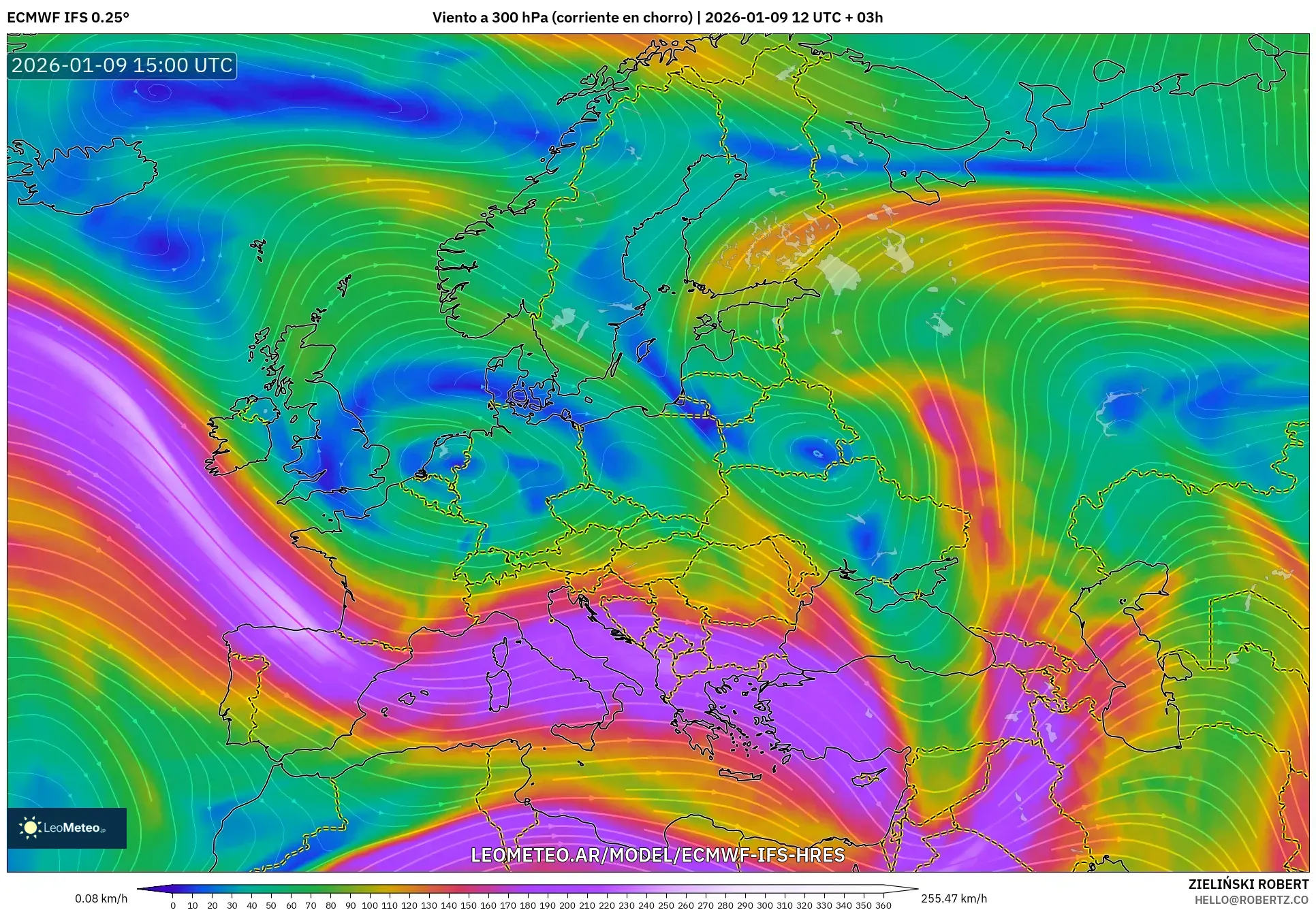 ECMWF IFS 0.25° model - Europa, Viento a 300 hPa (corriente en chorro)