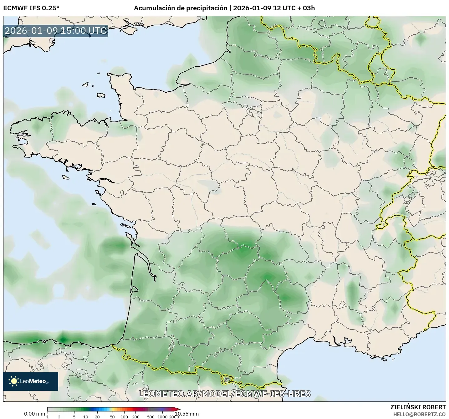 ECMWF IFS 0.25° model - Francia, Acumulación de precipitación