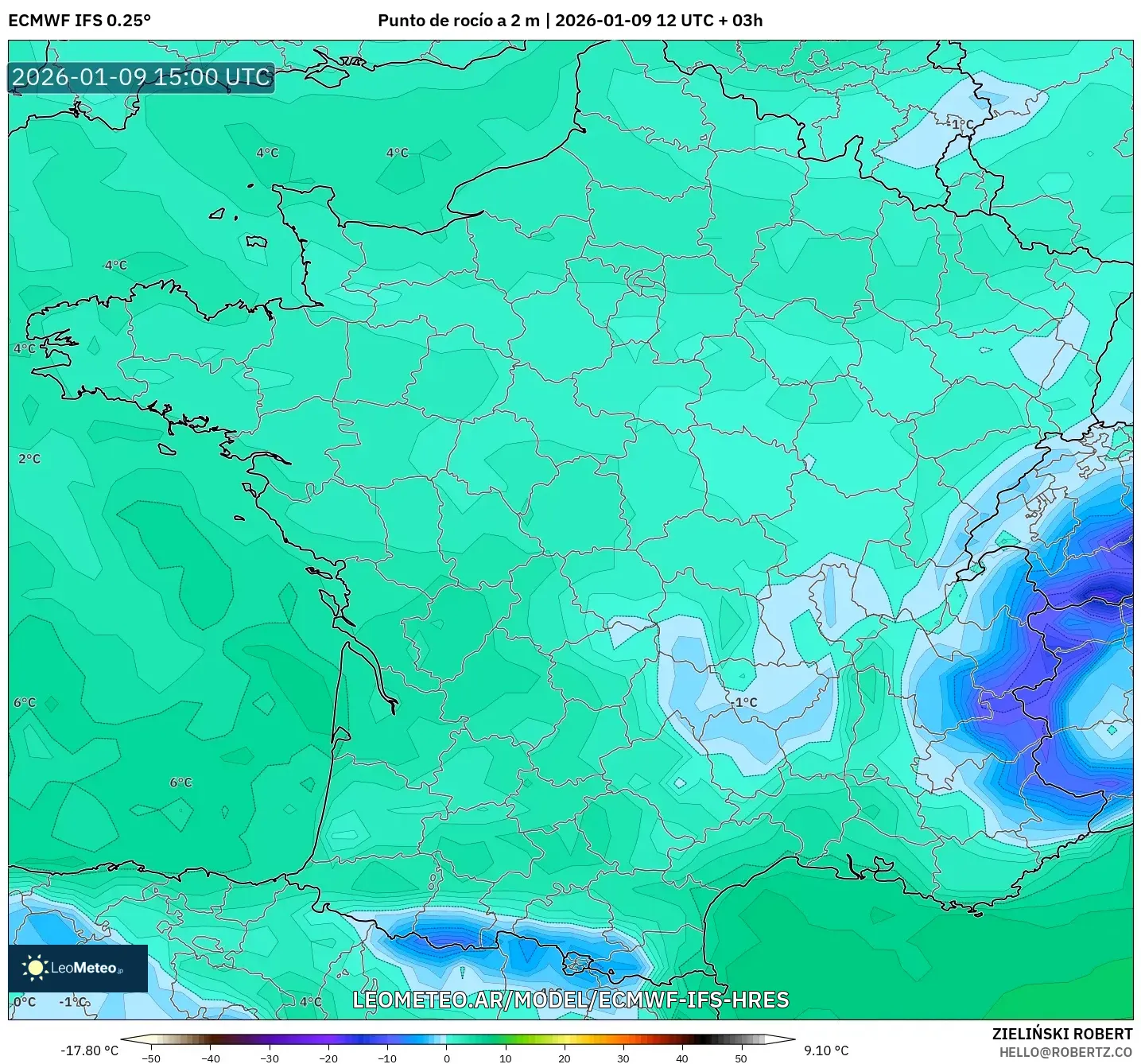ECMWF IFS 0.25° model - Francia, Punto de rocío a 2 m