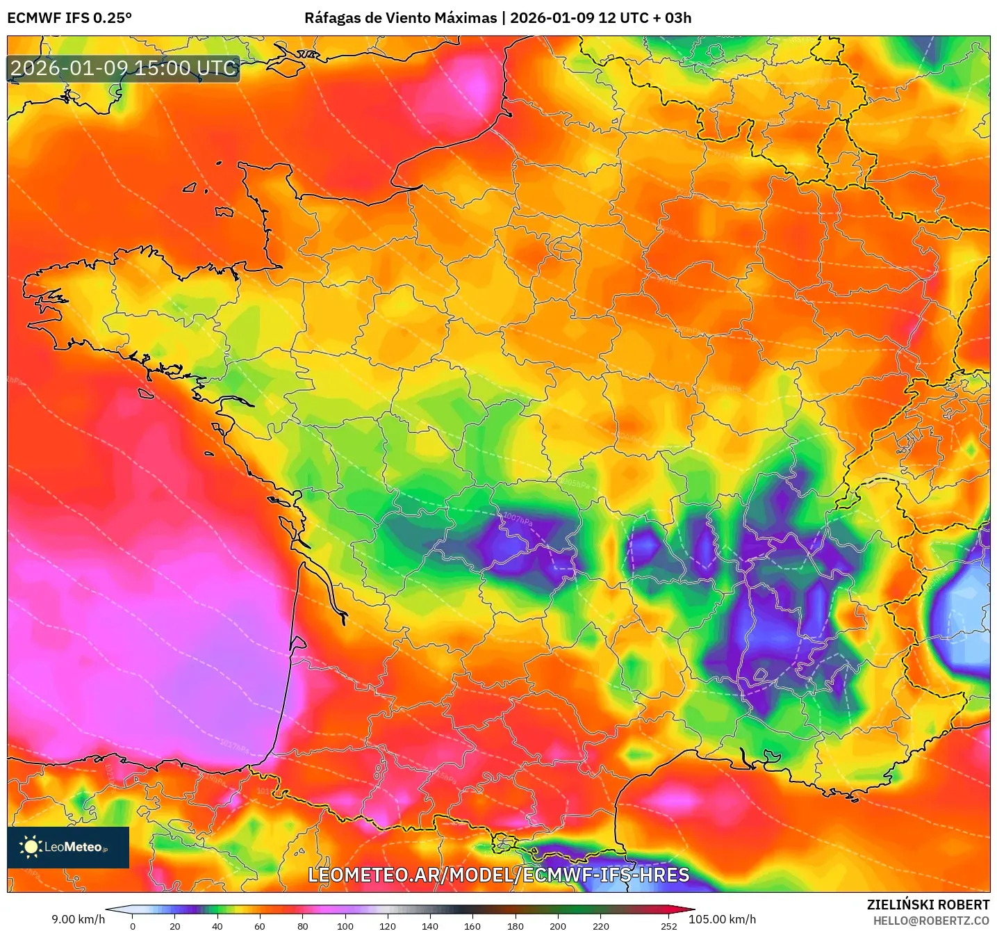 ECMWF IFS 0.25° model - Francia, Ráfagas de Viento Máximas