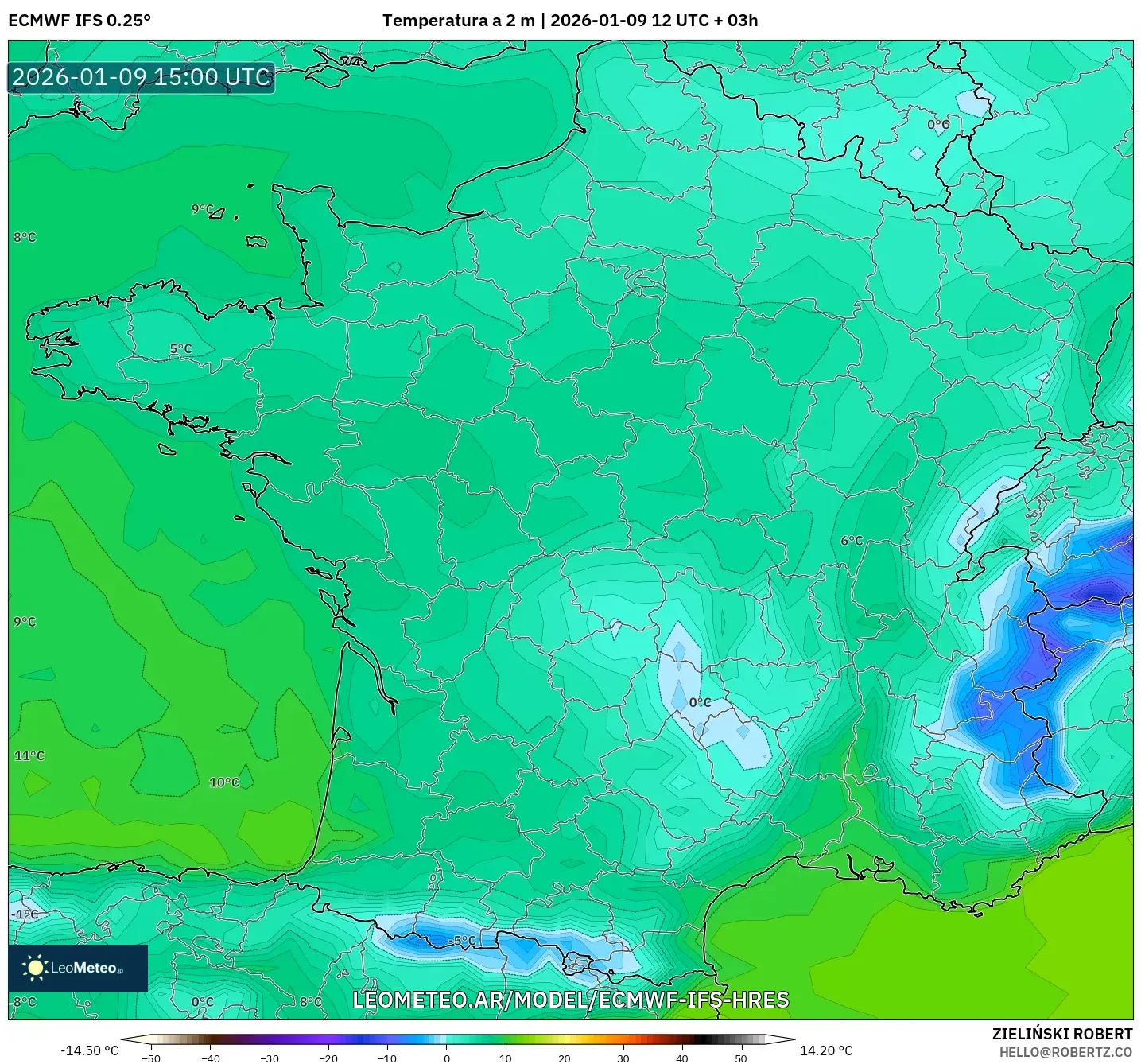ECMWF IFS 0.25° model - Francia, Temperatura a 2 m