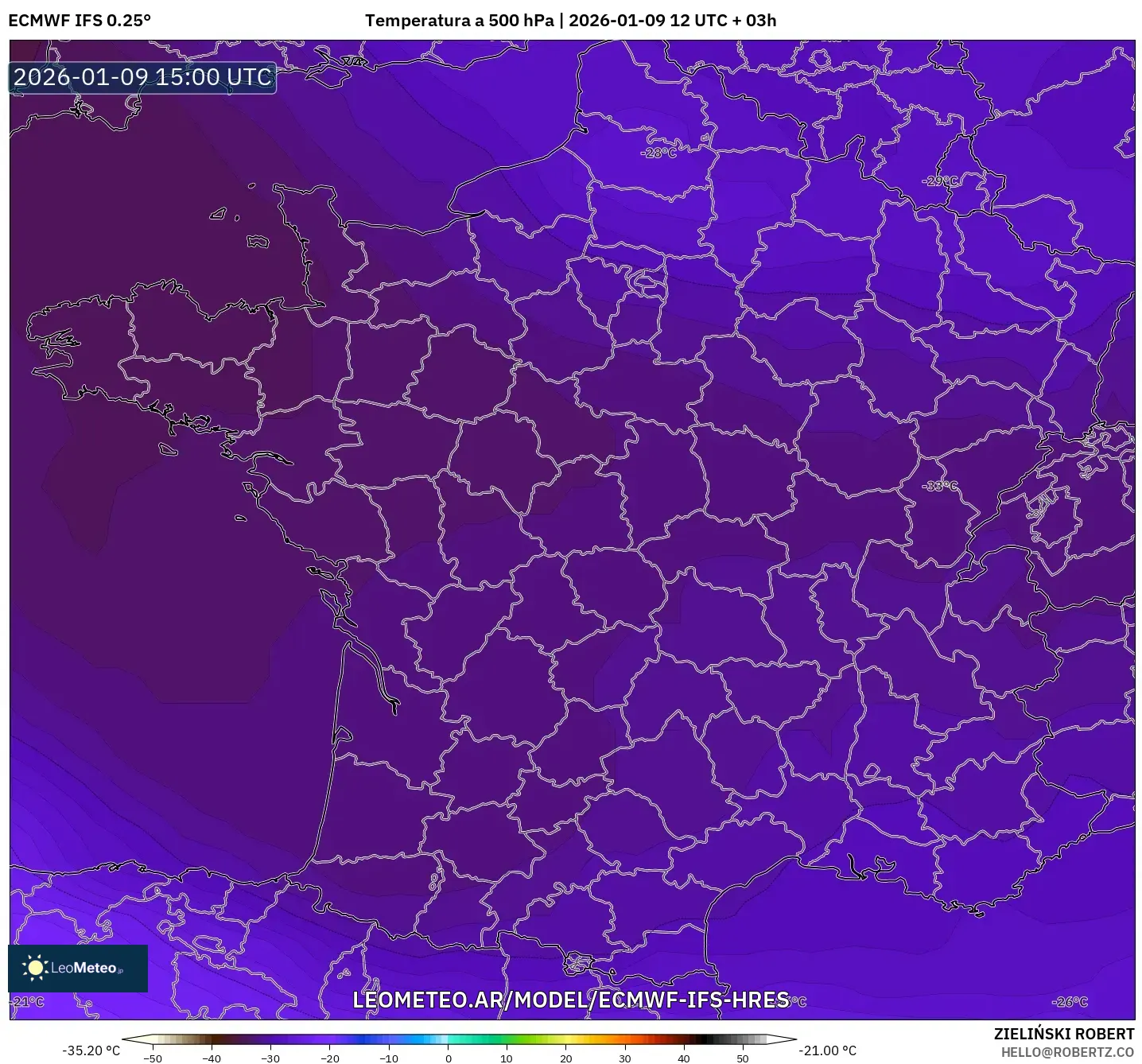 ECMWF IFS 0.25° model - Francia, Temperatura a 500 hPa