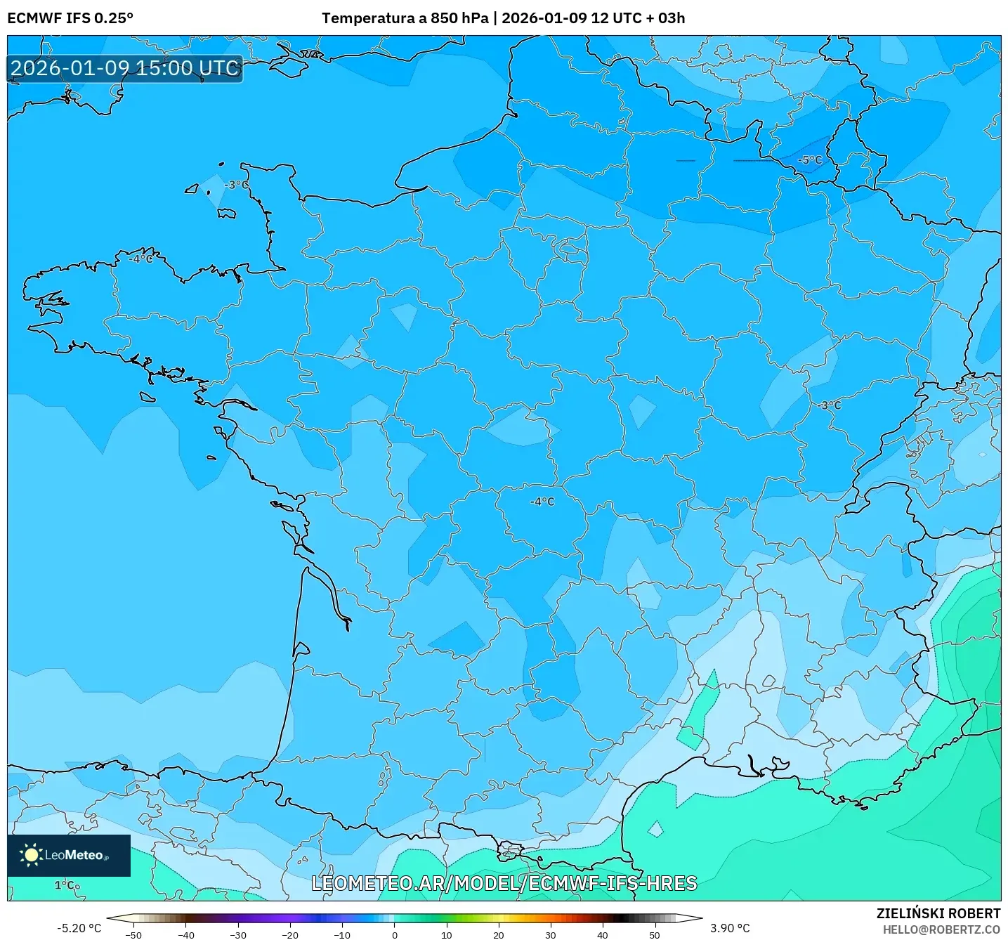 ECMWF IFS 0.25° model - Francia, Temperatura a 850 hPa