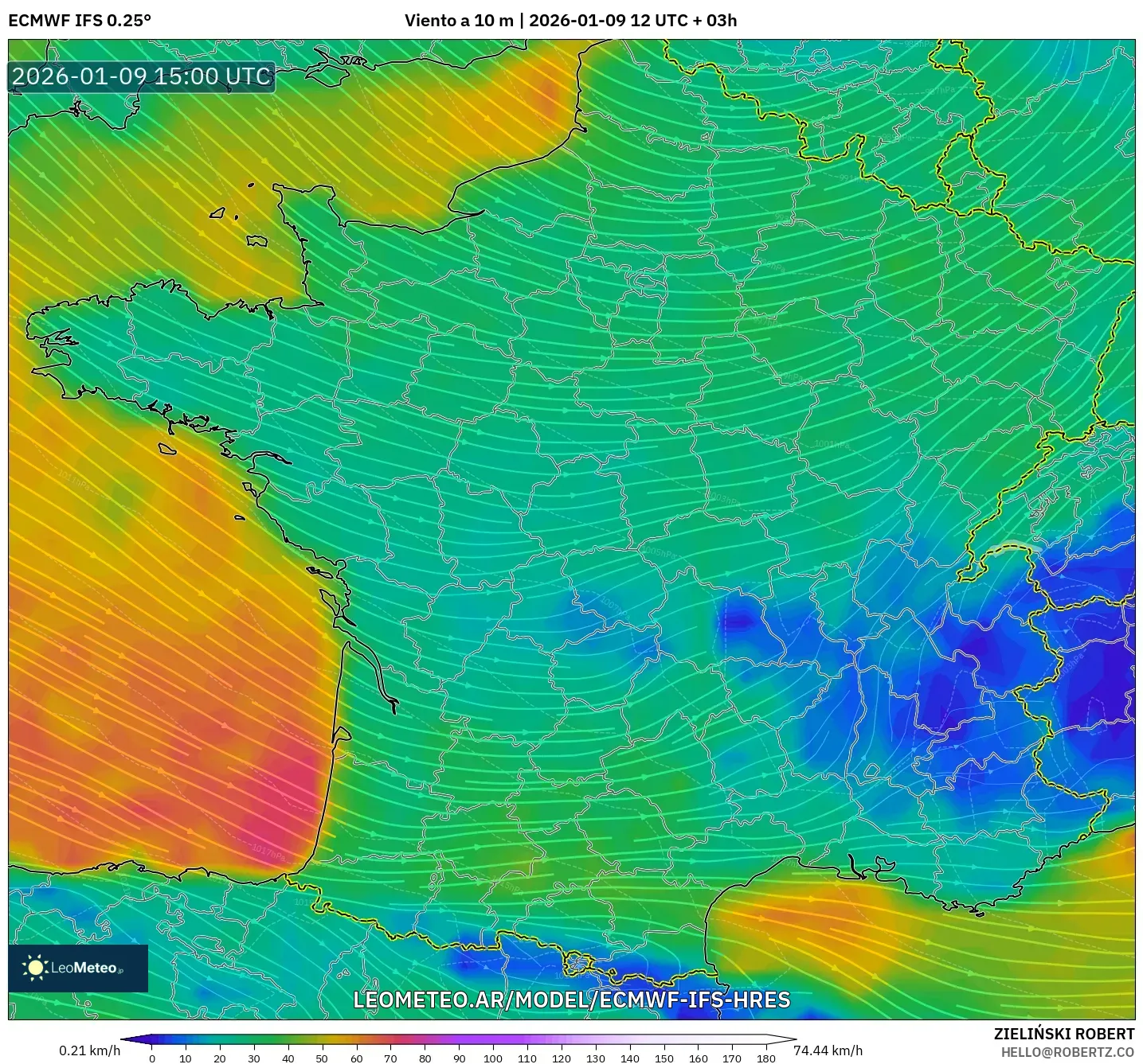 ECMWF IFS 0.25° model - Francia, Viento a 10 m
