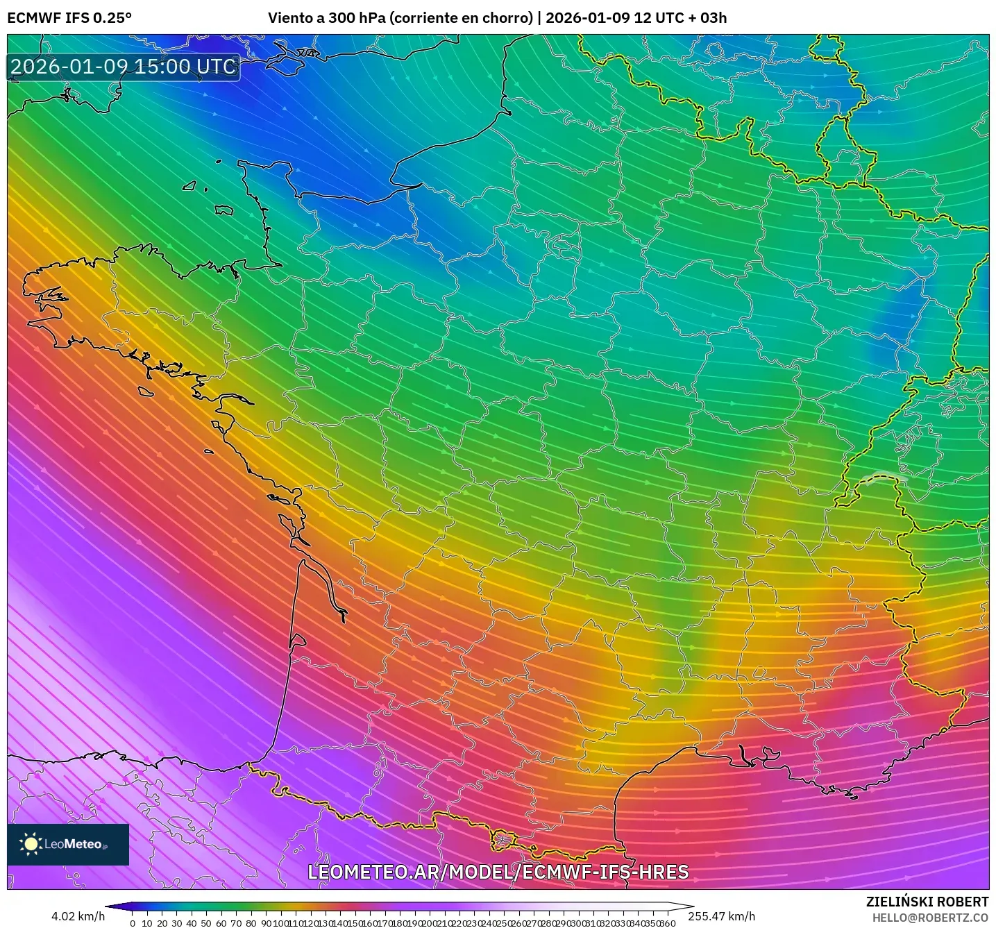 ECMWF IFS 0.25° model - Francia, Viento a 300 hPa (corriente en chorro)