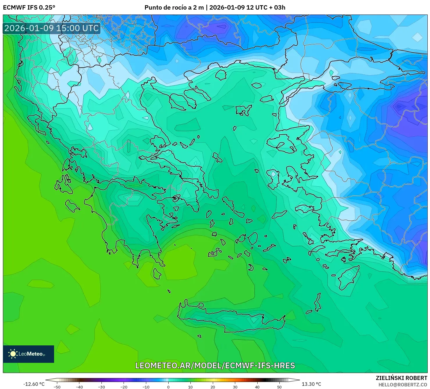 ECMWF IFS 0.25° model - Grecia, Punto de rocío a 2 m