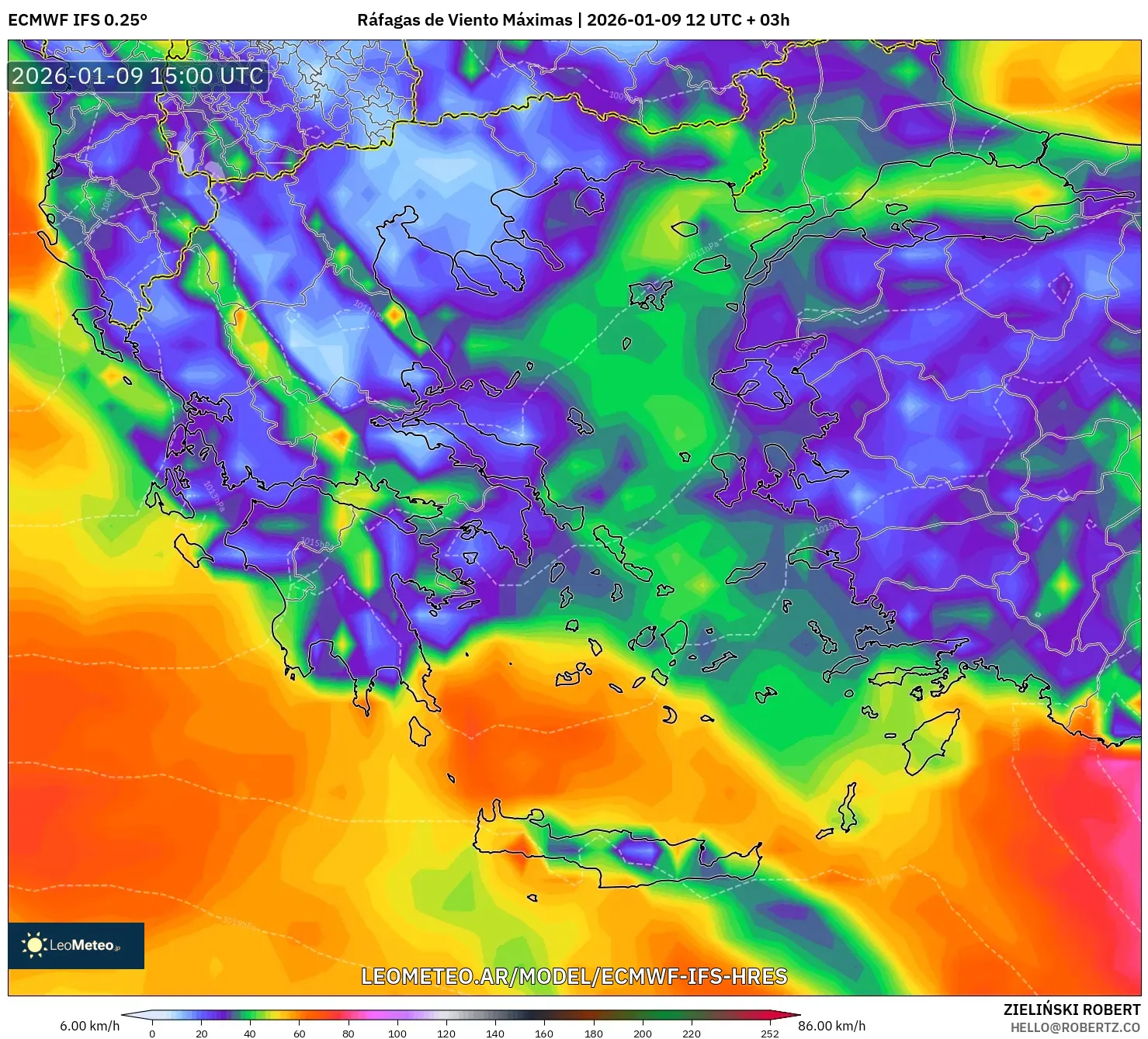 ECMWF IFS 0.25° model - Grecia, Ráfagas de Viento Máximas