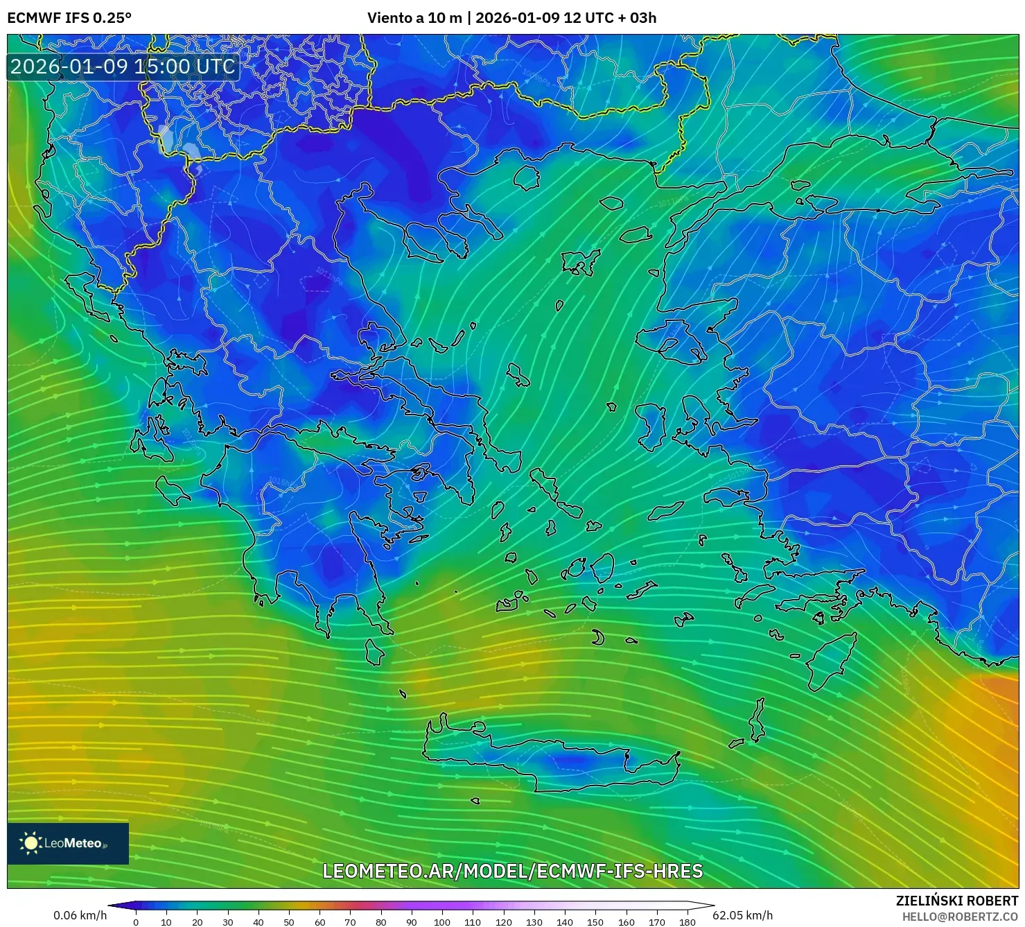 ECMWF IFS 0.25° model - Grecia, Viento a 10 m