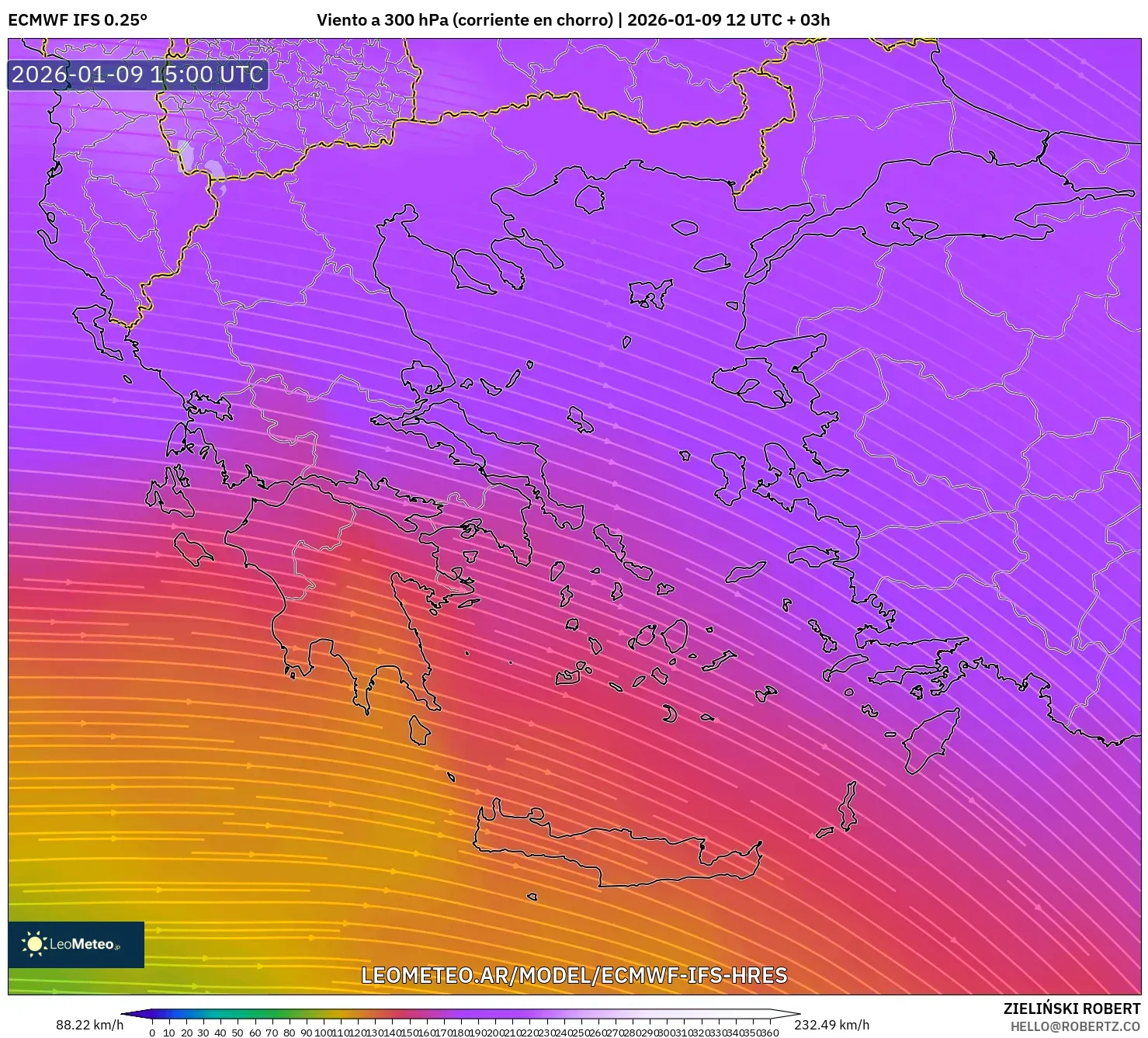 ECMWF IFS 0.25° model - Grecia, Viento a 300 hPa (corriente en chorro)