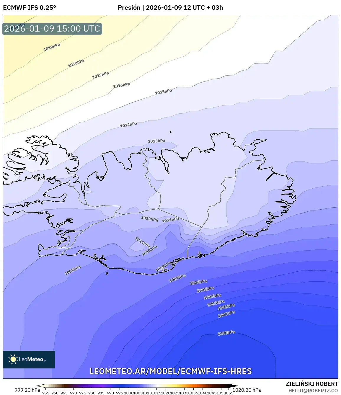ECMWF IFS 0.25° model - Islandia, Presión