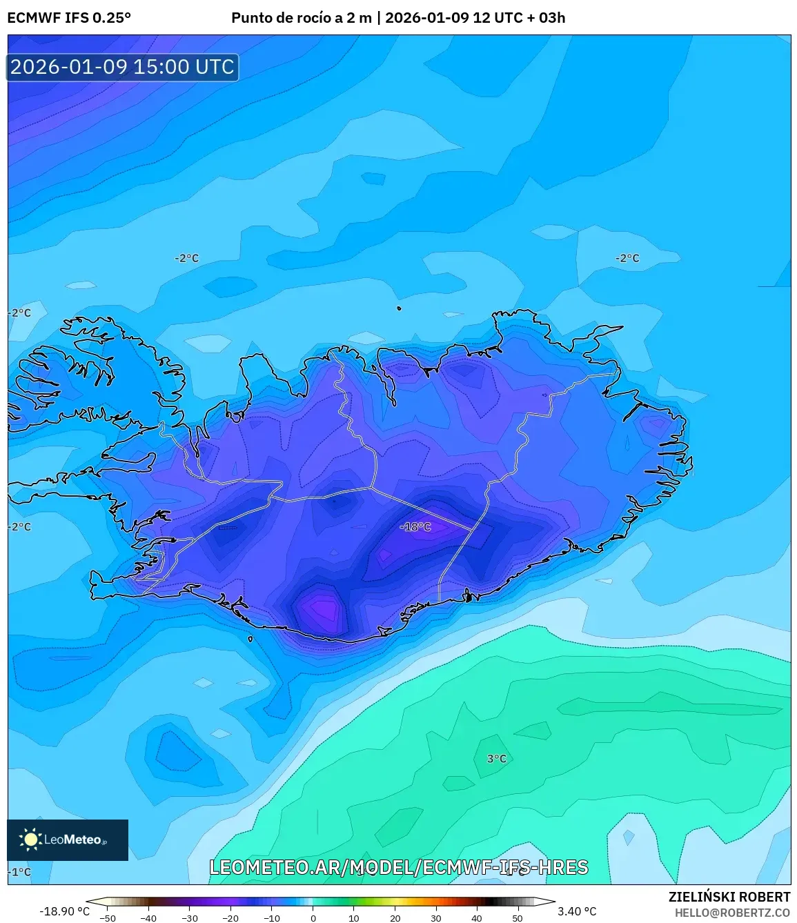 ECMWF IFS 0.25° model - Islandia, Punto de rocío a 2 m