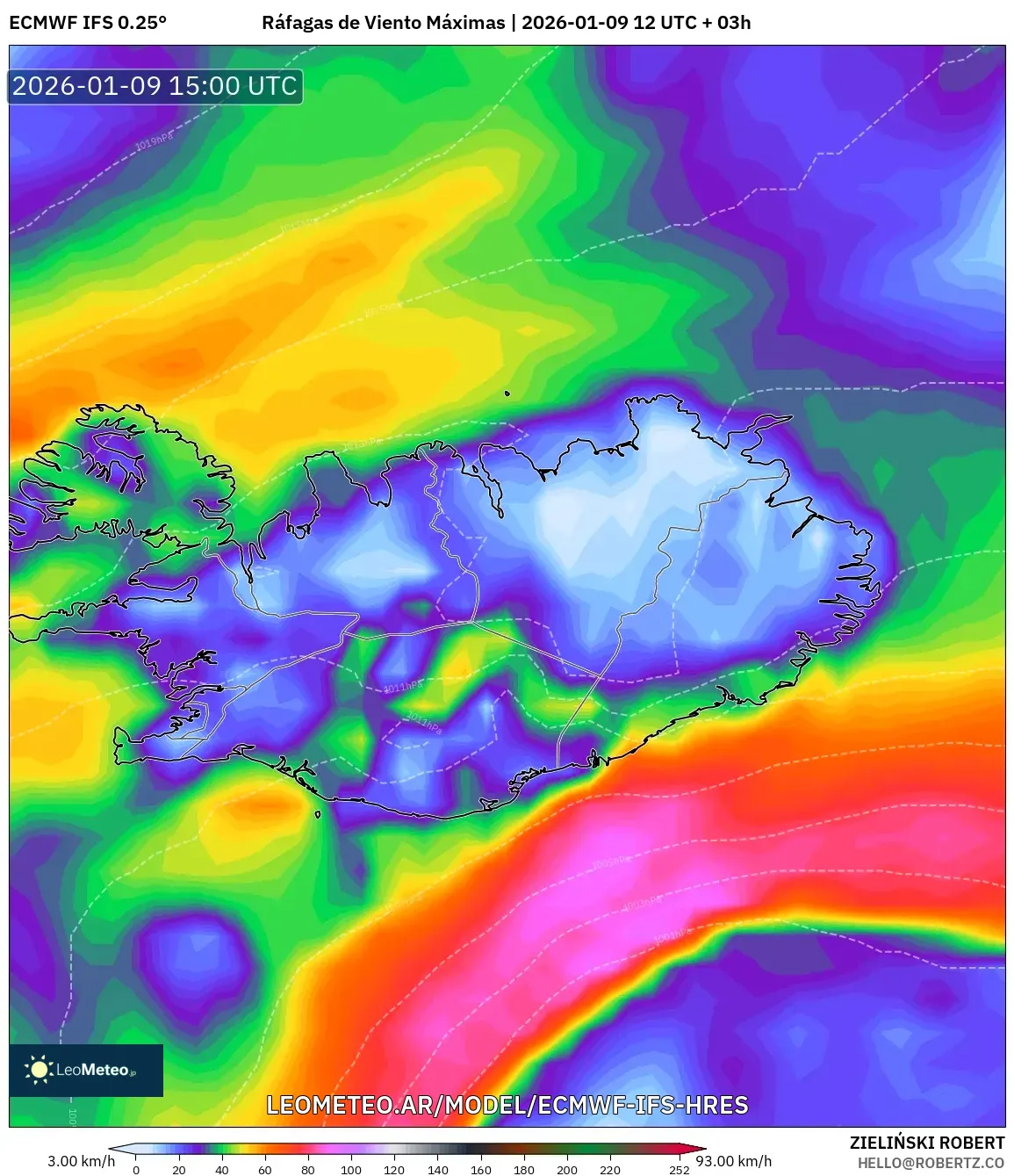 ECMWF IFS 0.25° model - Islandia, Ráfagas de Viento Máximas