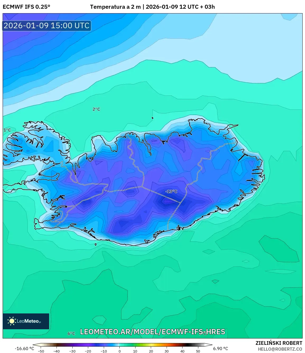 ECMWF IFS 0.25° model - Islandia, Temperatura a 2 m