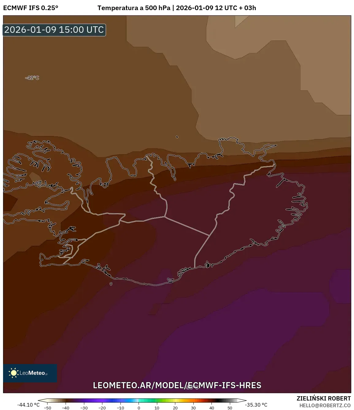ECMWF IFS 0.25° model - Islandia, Temperatura a 500 hPa