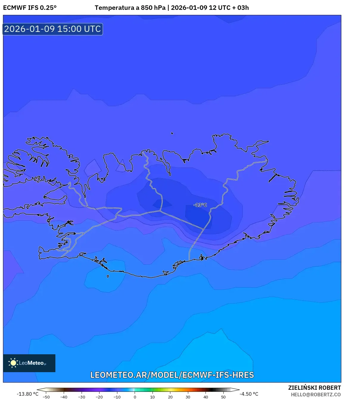 ECMWF IFS 0.25° model - Islandia, Temperatura a 850 hPa