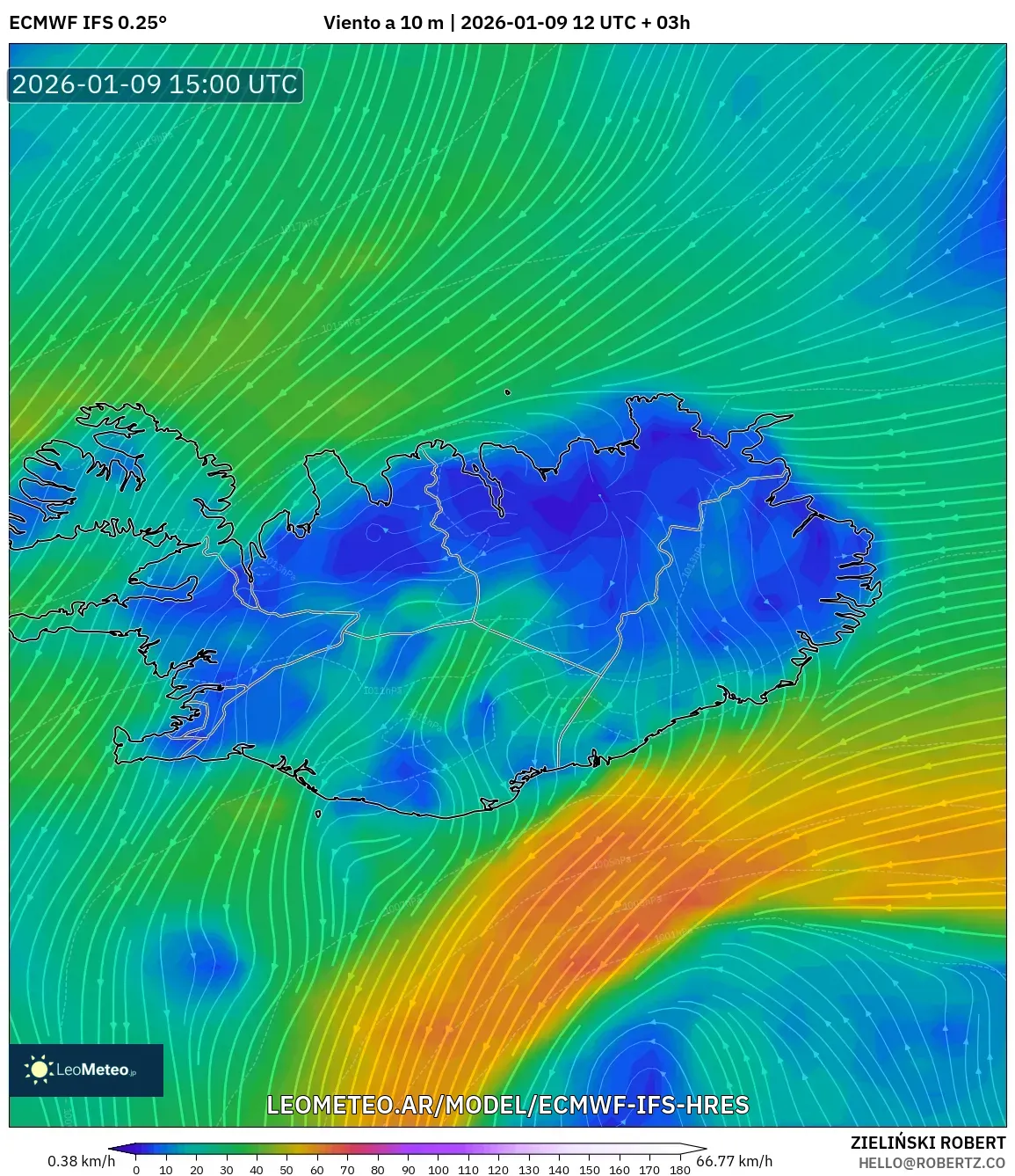 ECMWF IFS 0.25° model - Islandia, Viento a 10 m