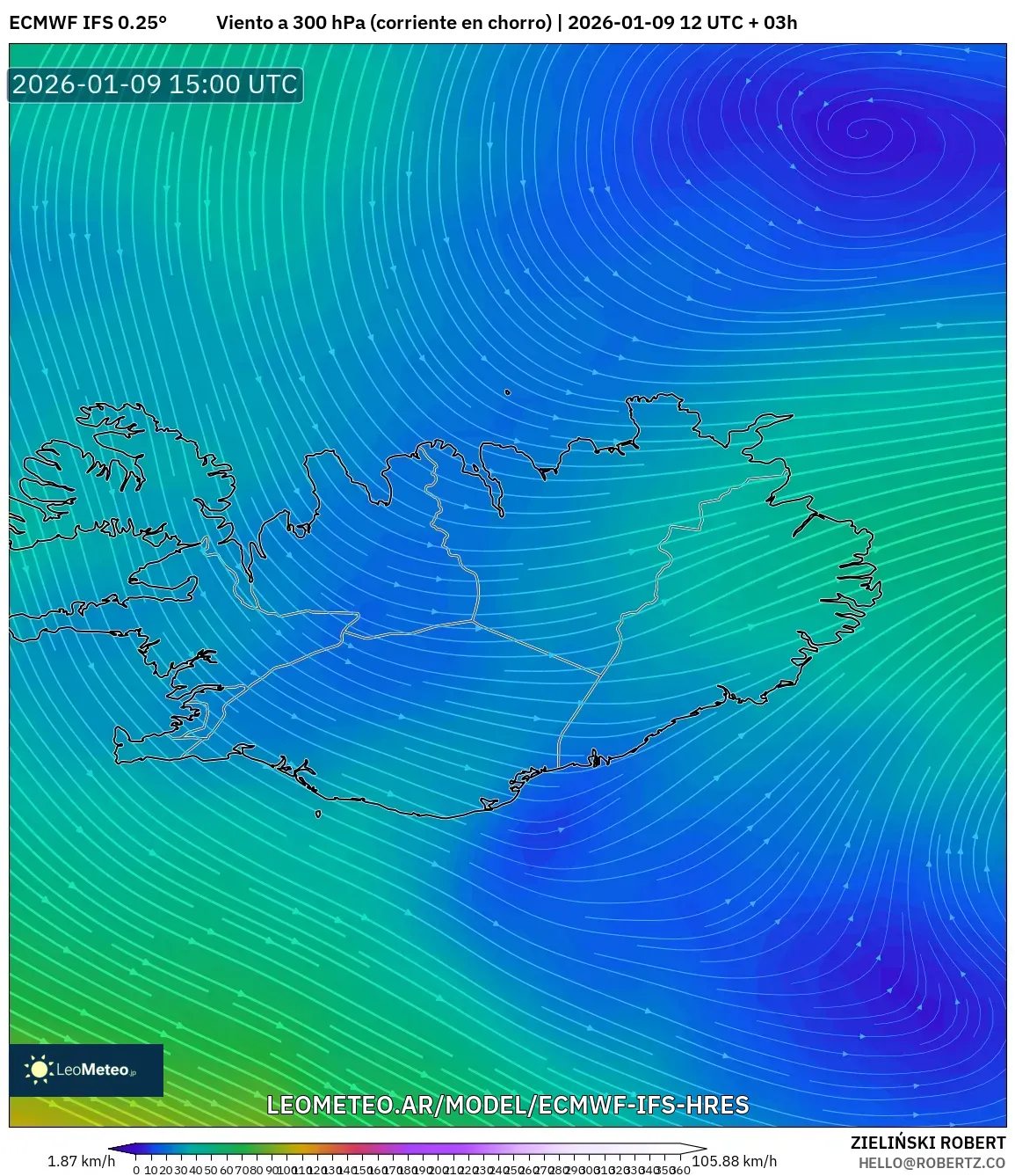 ECMWF IFS 0.25° model - Islandia, Viento a 300 hPa (corriente en chorro)