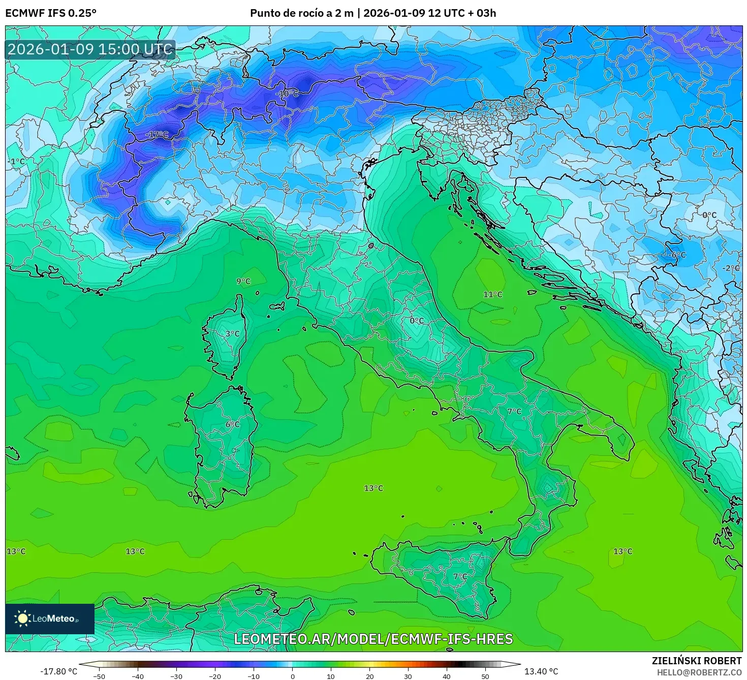 ECMWF IFS 0.25° model - Italia, Punto de rocío a 2 m