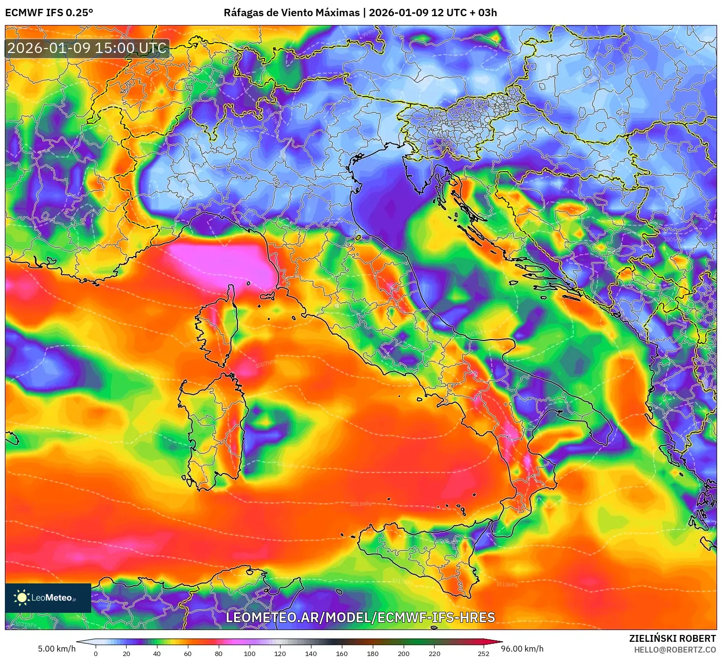 ECMWF IFS 0.25° model - Italia, Ráfagas de Viento Máximas