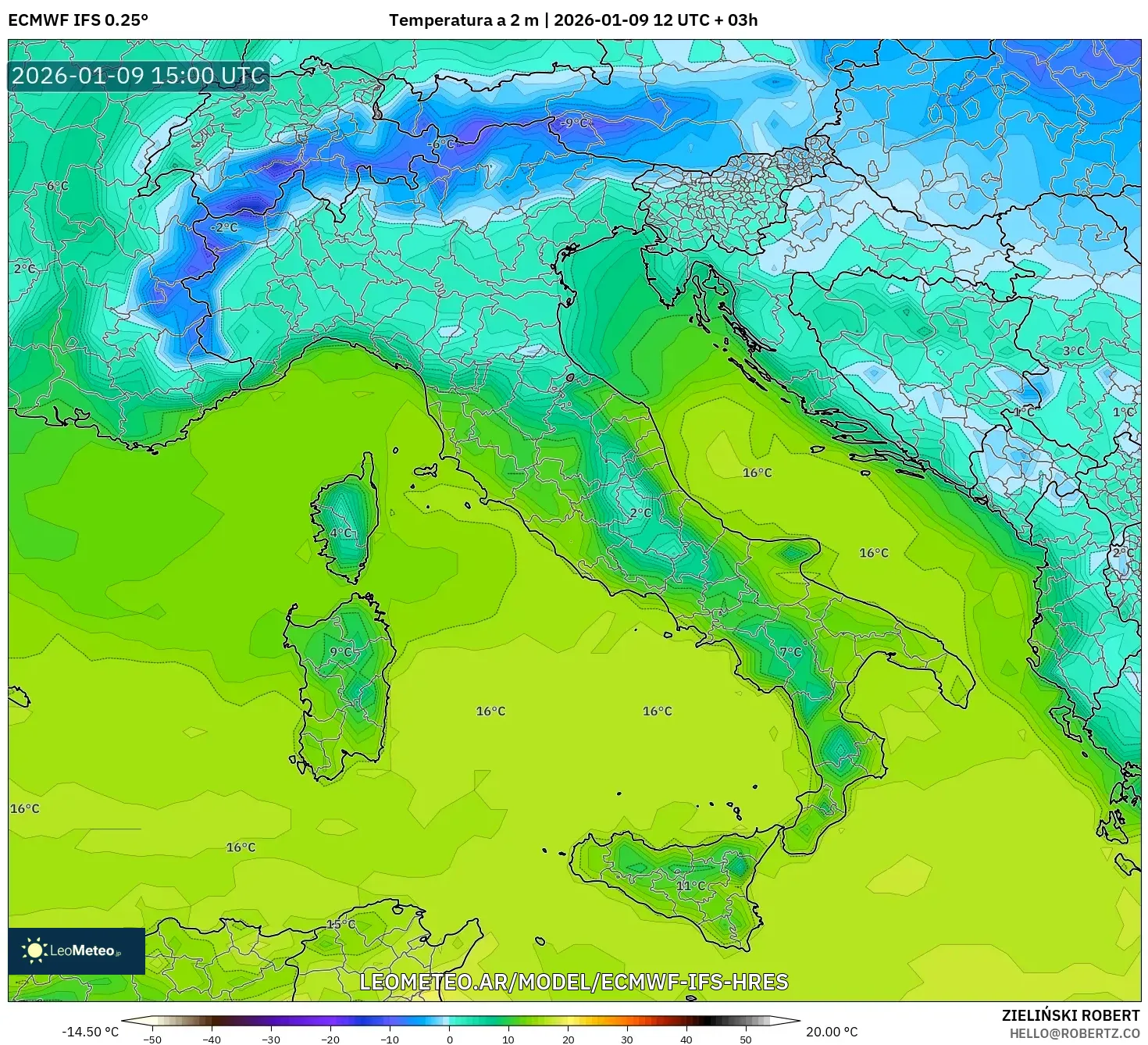 ECMWF IFS 0.25° model - Italia, Temperatura a 2 m