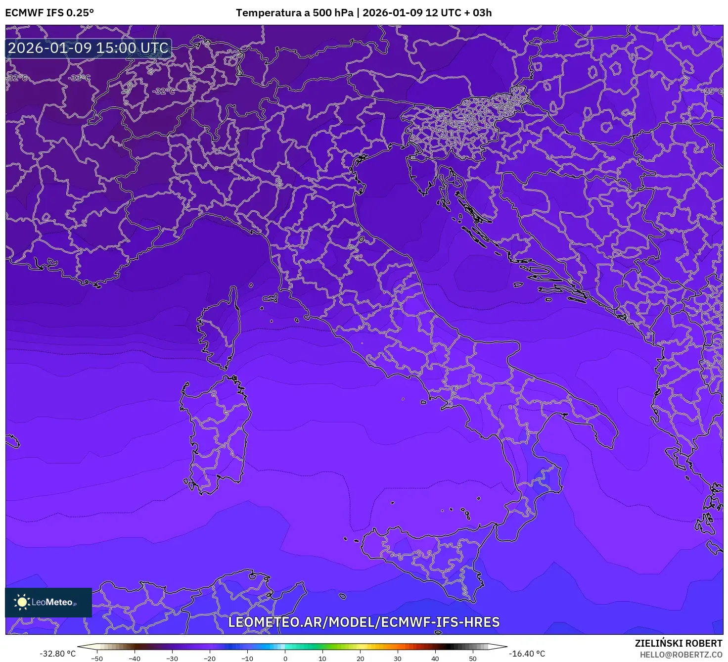 ECMWF IFS 0.25° model - Italia, Temperatura a 500 hPa