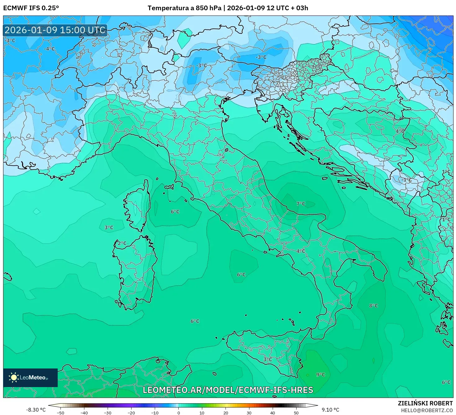 ECMWF IFS 0.25° model - Italia, Temperatura a 850 hPa
