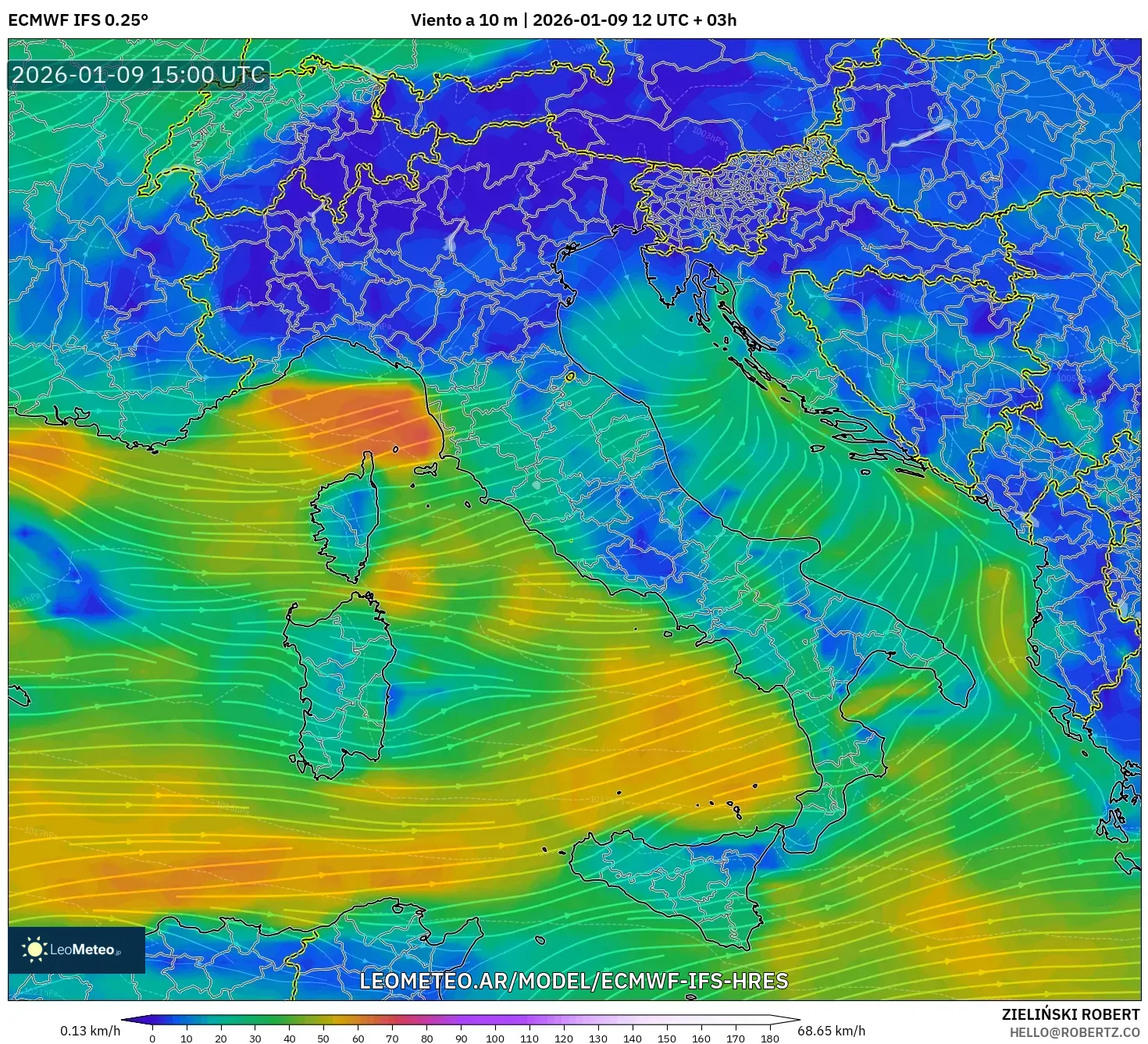 ECMWF IFS 0.25° model - Italia, Viento a 10 m