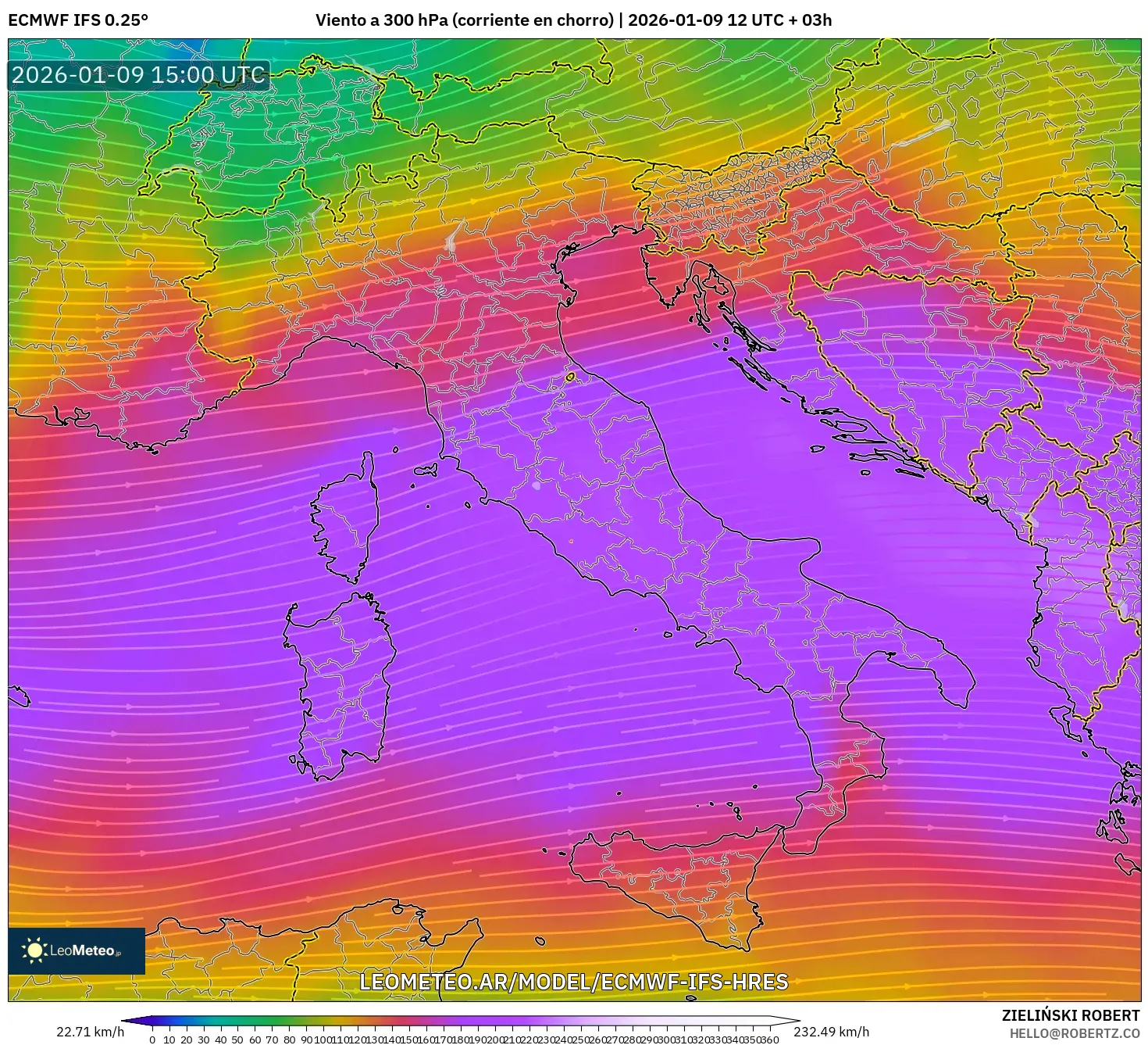 ECMWF IFS 0.25° model - Italia, Viento a 300 hPa (corriente en chorro)