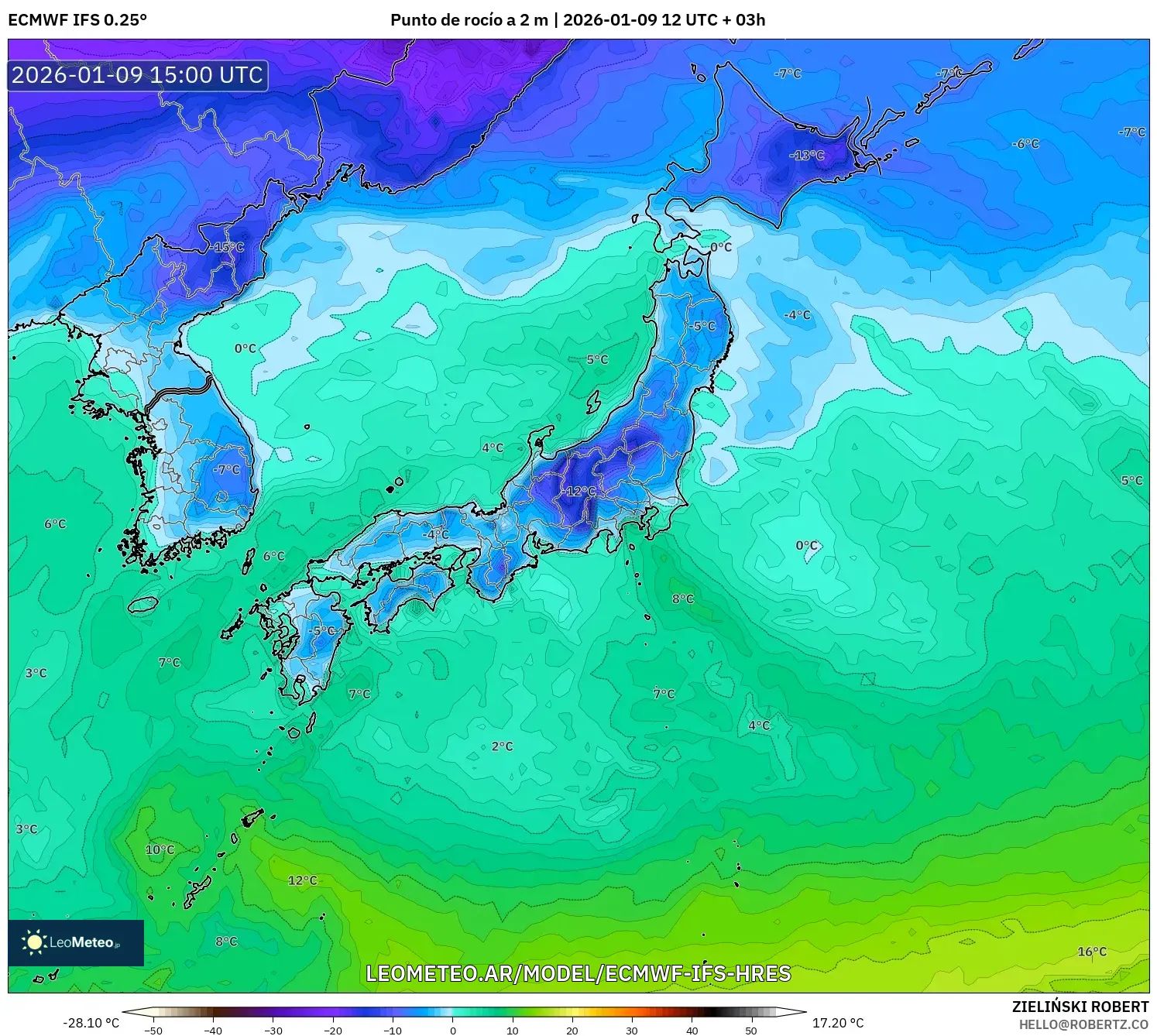 ECMWF IFS 0.25° model - Japón, Punto de rocío a 2 m