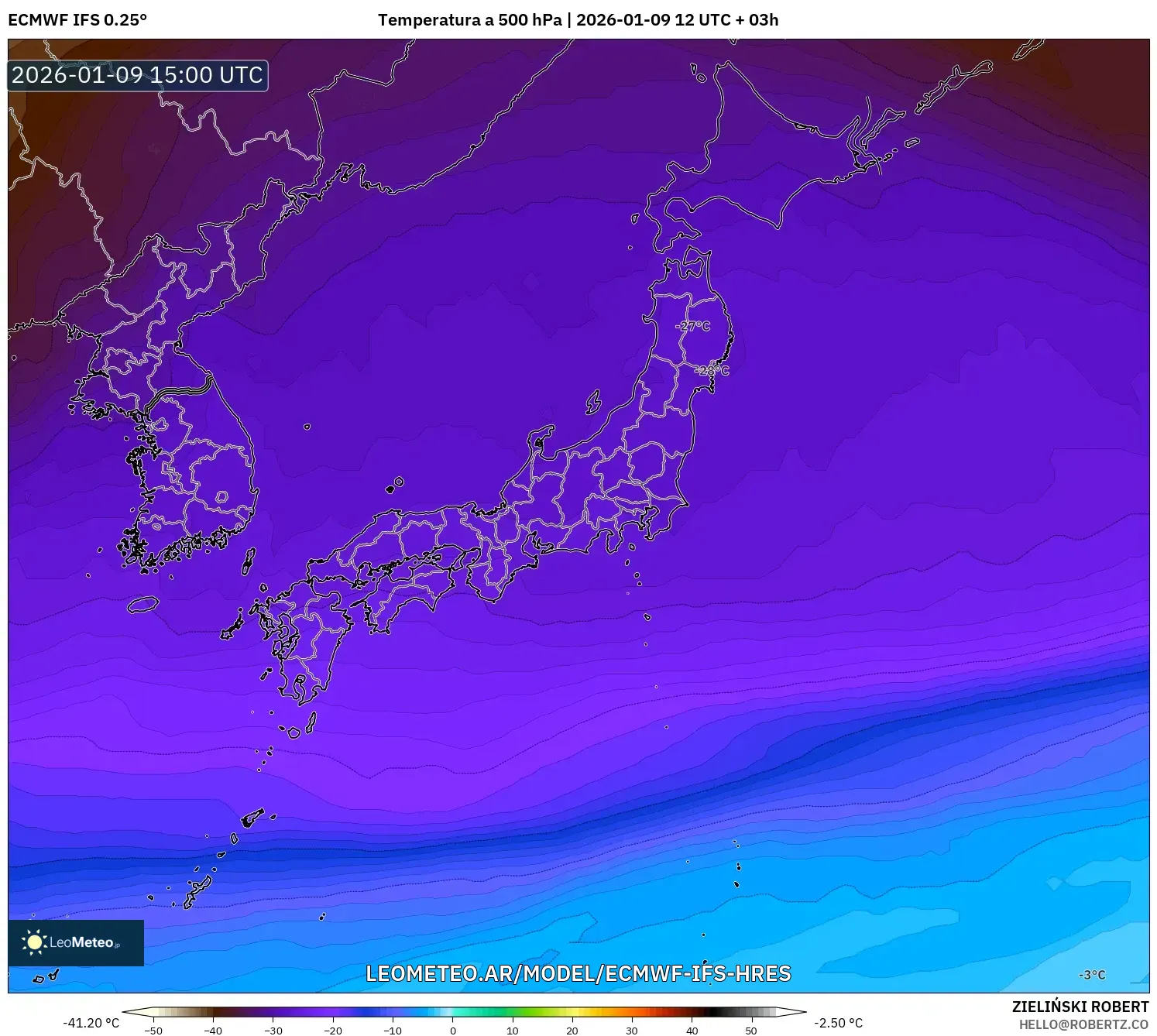 ECMWF IFS 0.25° model - Japón, Temperatura a 500 hPa