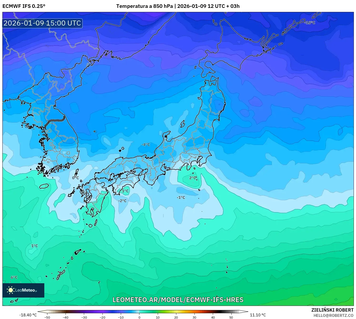 ECMWF IFS 0.25° model - Japón, Temperatura a 850 hPa
