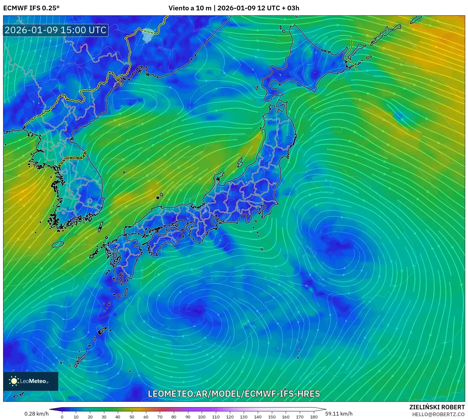 ECMWF IFS 0.25° model - Japón, Viento a 10 m