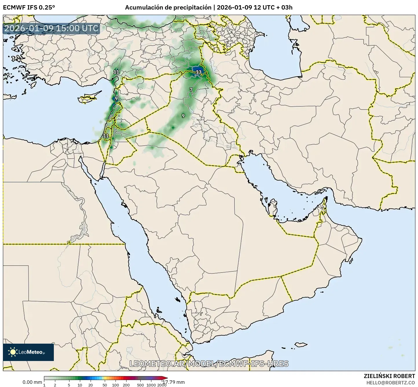 ECMWF IFS 0.25° model - Oriente Medio, Acumulación de precipitación