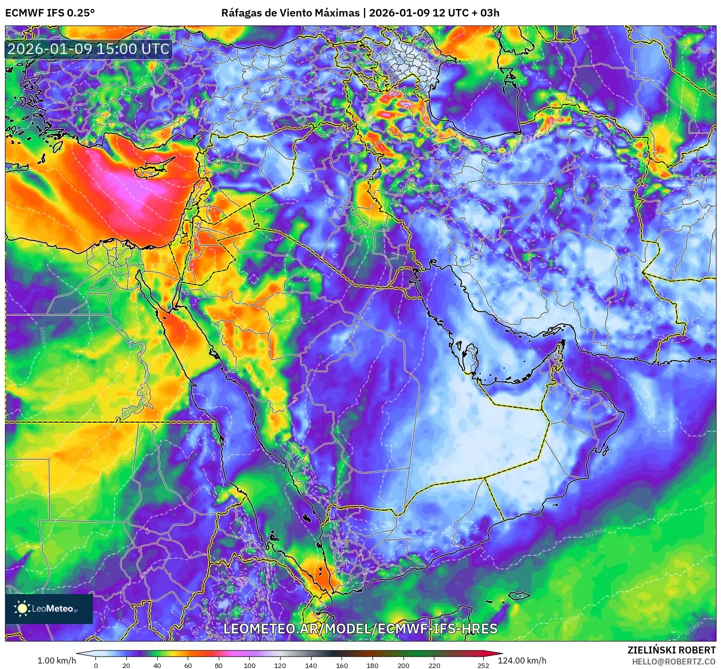 ECMWF IFS 0.25° model - Oriente Medio, Ráfagas de Viento Máximas