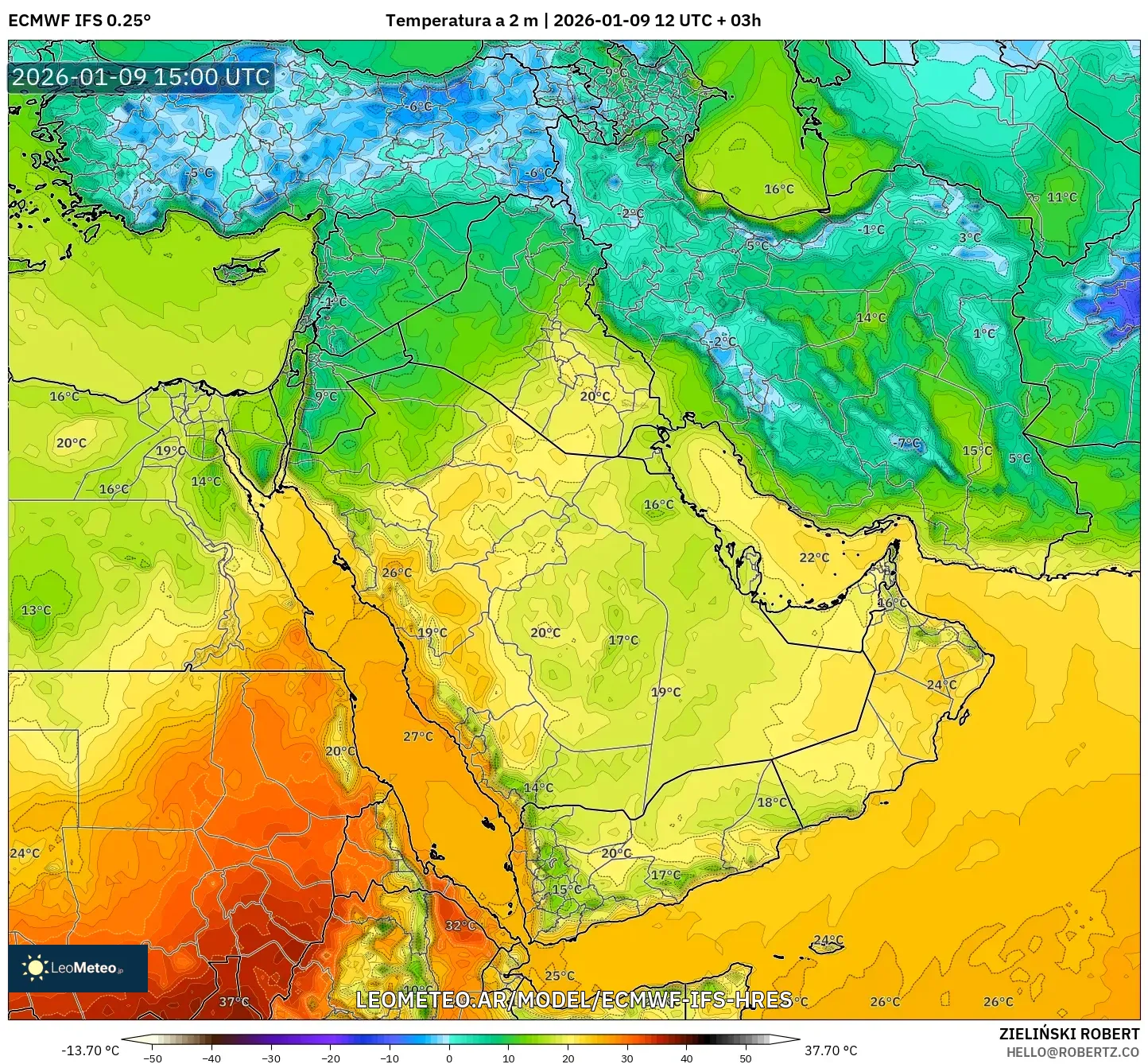 ECMWF IFS 0.25° model - Oriente Medio, Temperatura a 2 m