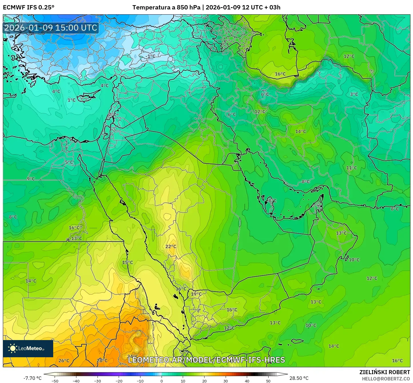 ECMWF IFS 0.25° model - Oriente Medio, Temperatura a 850 hPa