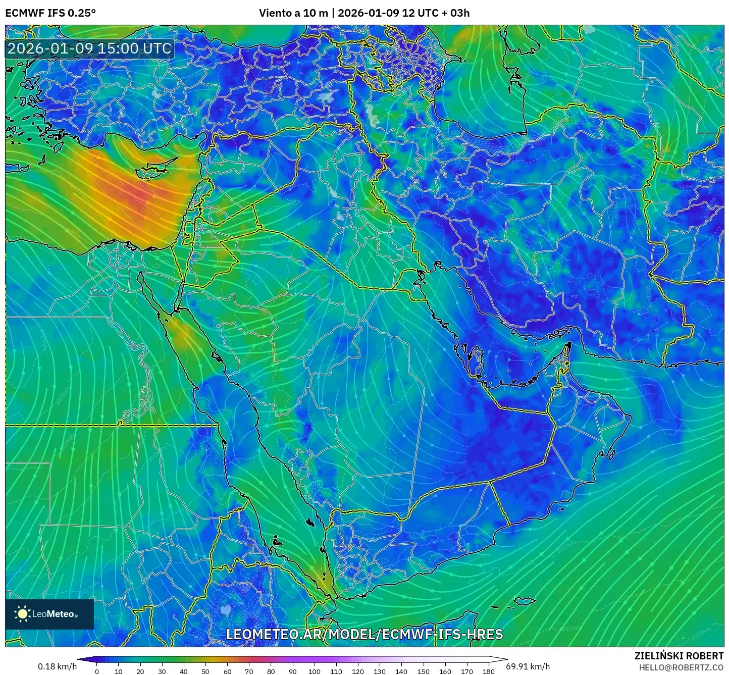 ECMWF IFS 0.25° model - Oriente Medio, Viento a 10 m