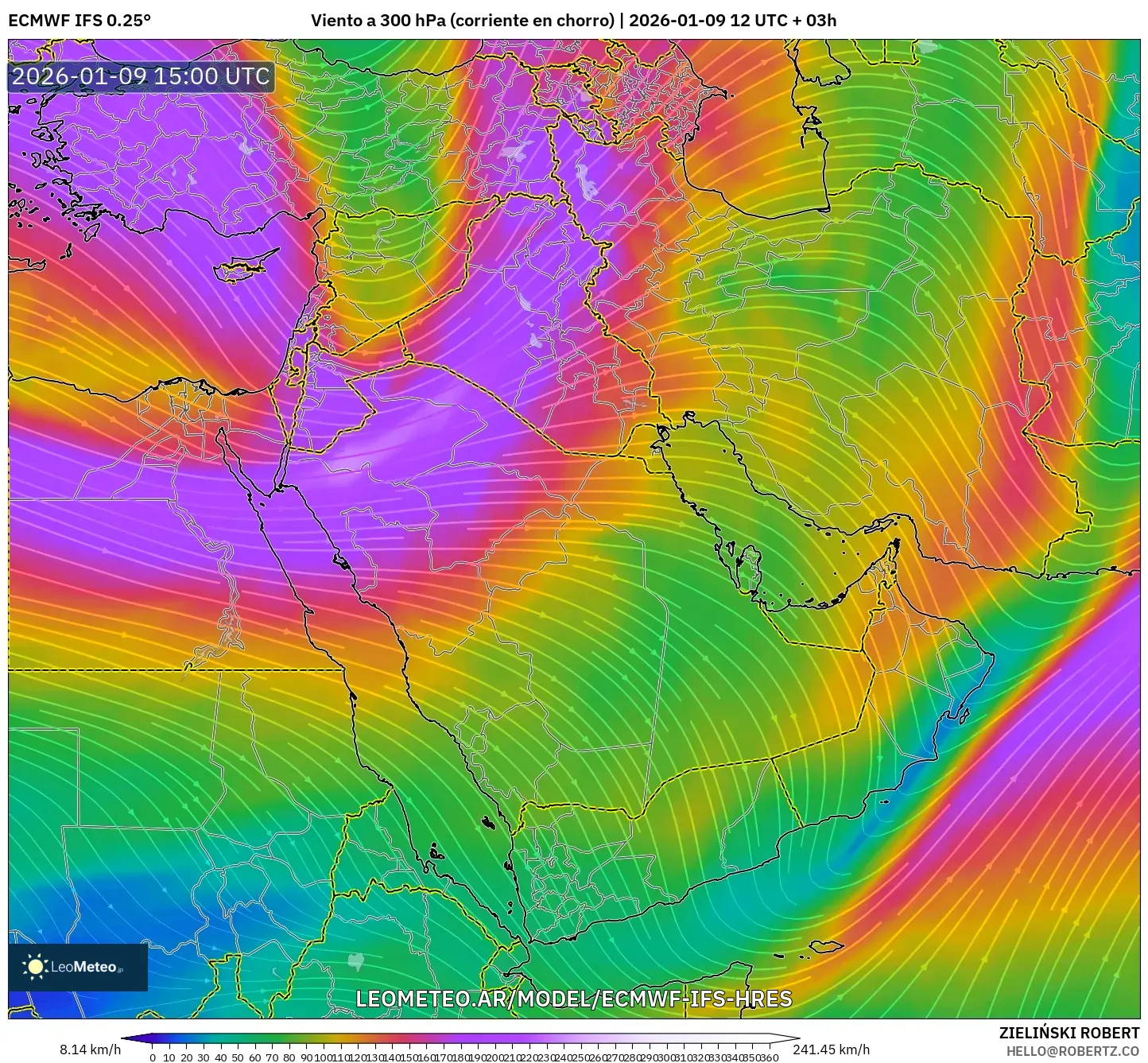 ECMWF IFS 0.25° model - Oriente Medio, Viento a 300 hPa (corriente en chorro)