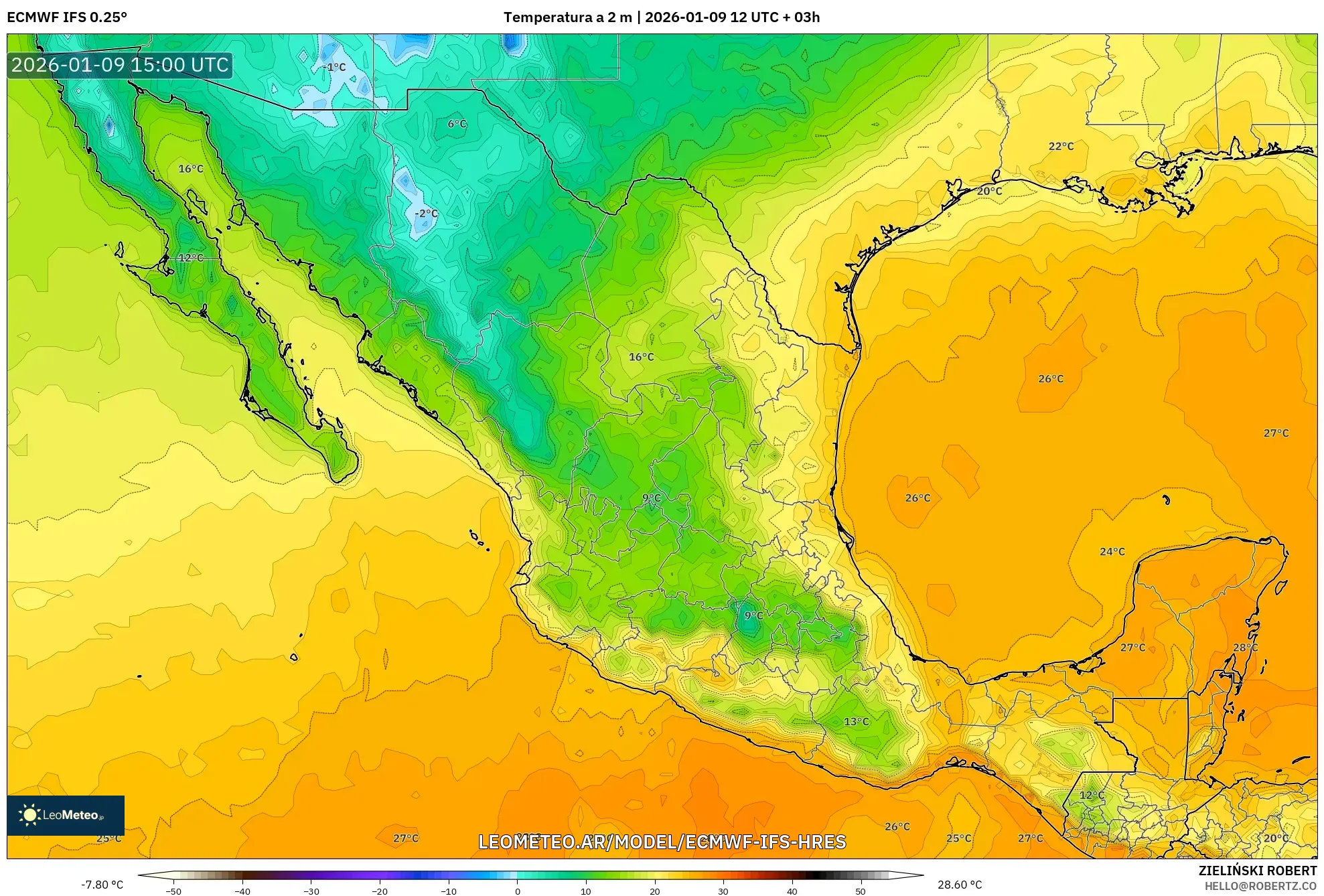 ECMWF IFS 0.25° model - México, Temperatura a 2 m