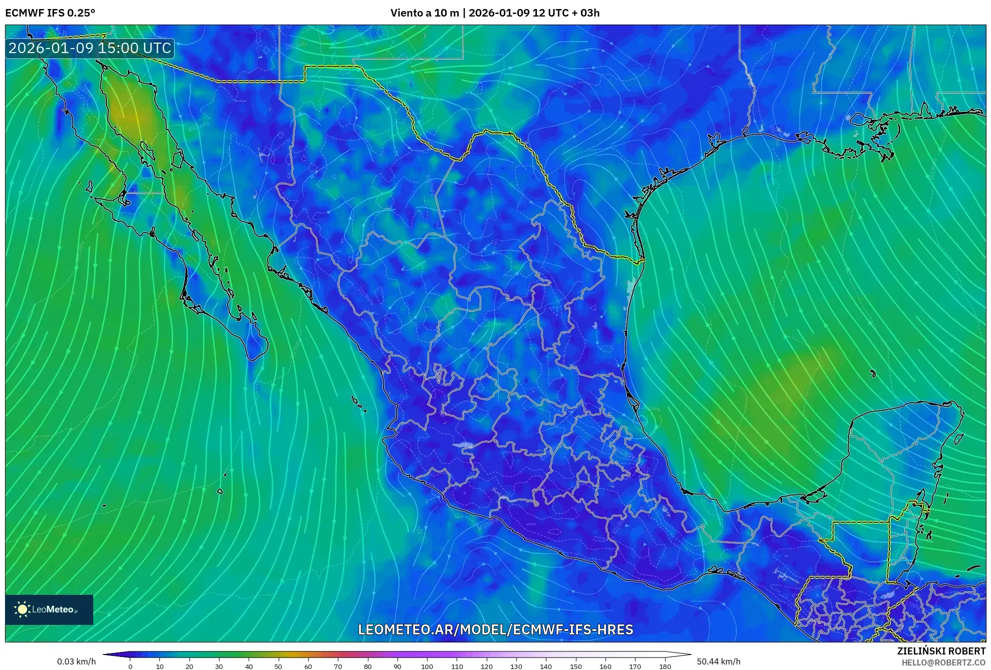 ECMWF IFS 0.25° model - México, Viento a 10 m
