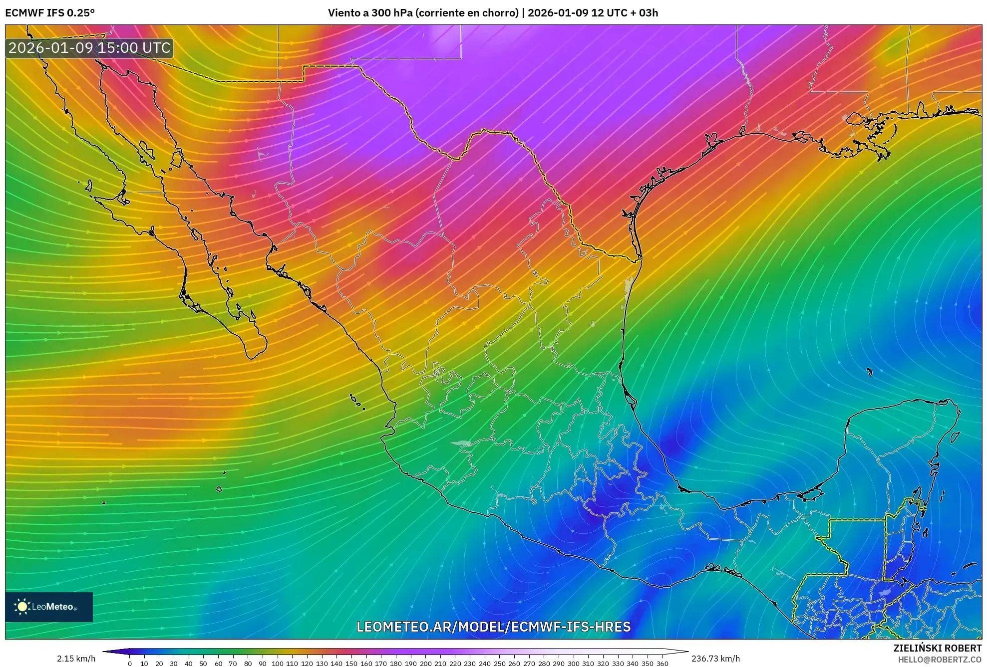 ECMWF IFS 0.25° model - México, Viento a 300 hPa (corriente en chorro)