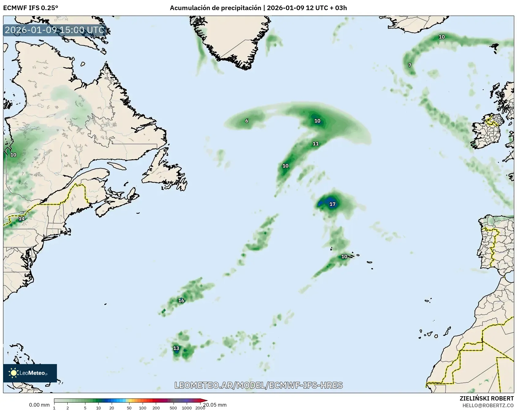 ECMWF IFS 0.25° model - Norte Atlántico, Acumulación de precipitación