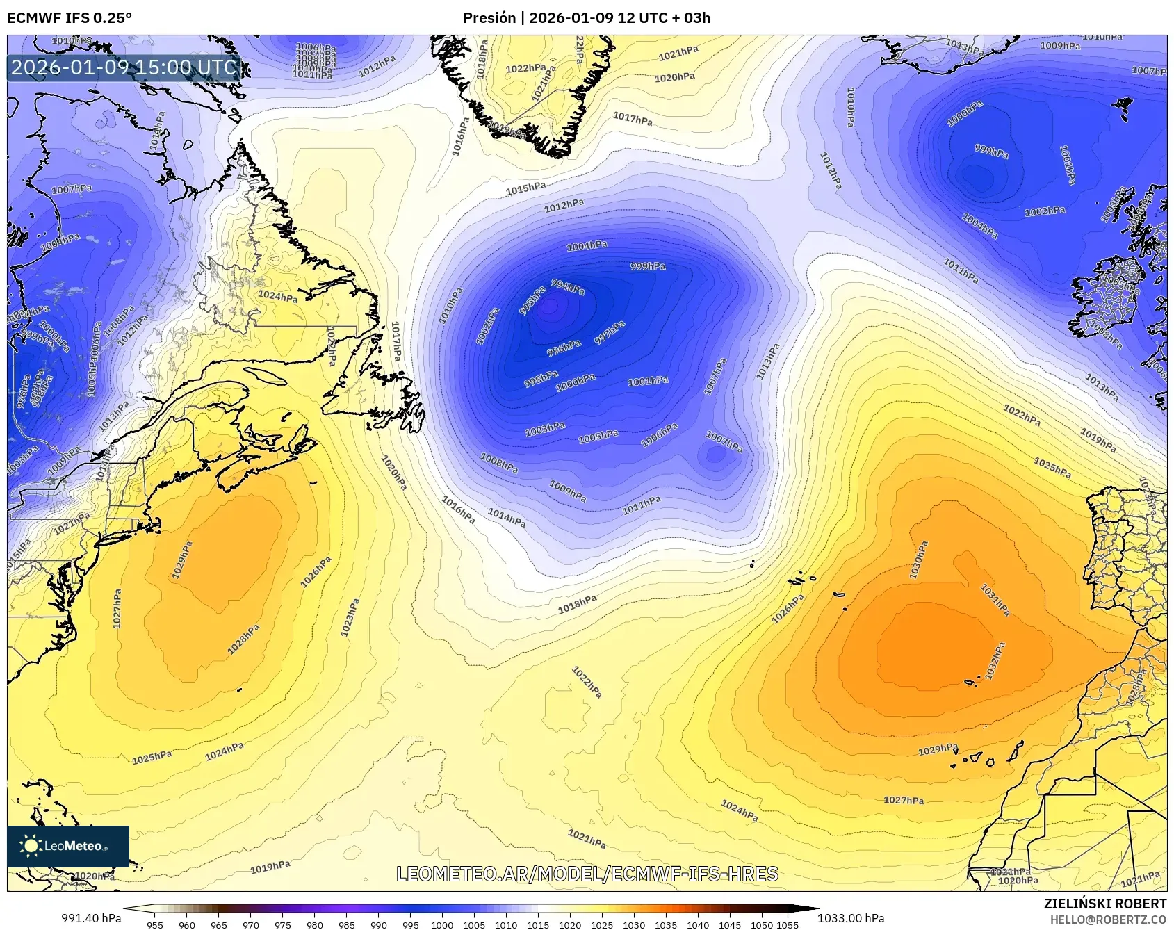 ECMWF IFS 0.25° model - Norte Atlántico, Presión
