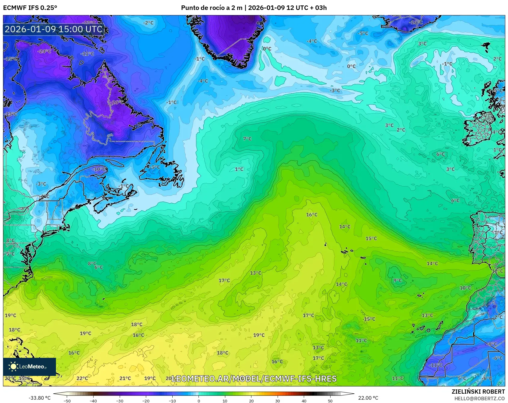 ECMWF IFS 0.25° model - Norte Atlántico, Punto de rocío a 2 m