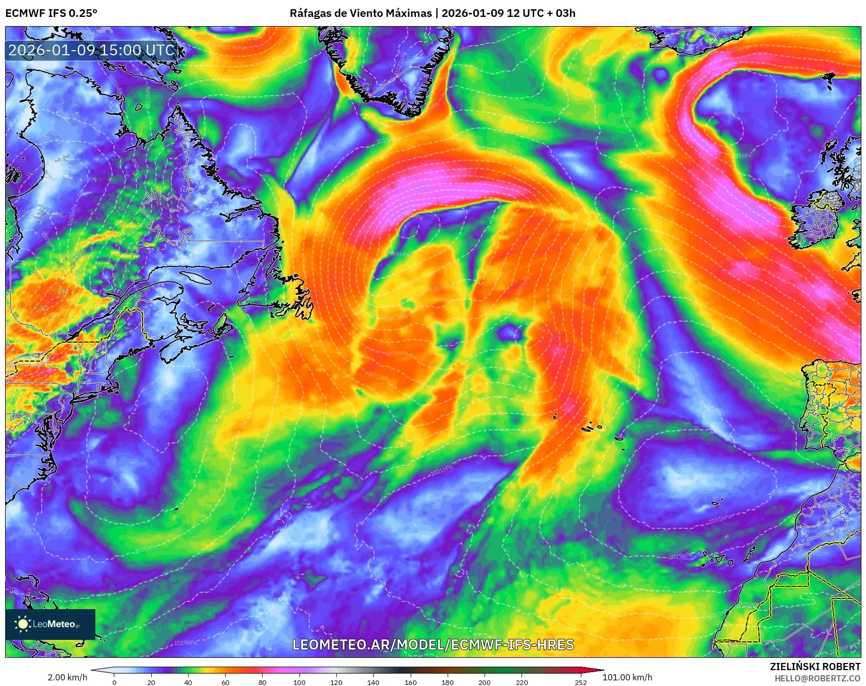 ECMWF IFS 0.25° model - Norte Atlántico, Ráfagas de Viento Máximas