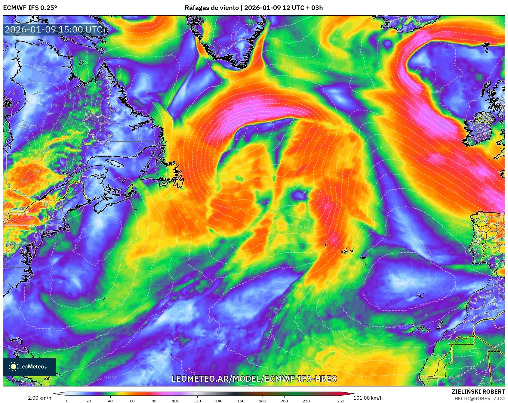 ECMWF IFS 0.25° model - Norte Atlántico, Ráfagas de viento